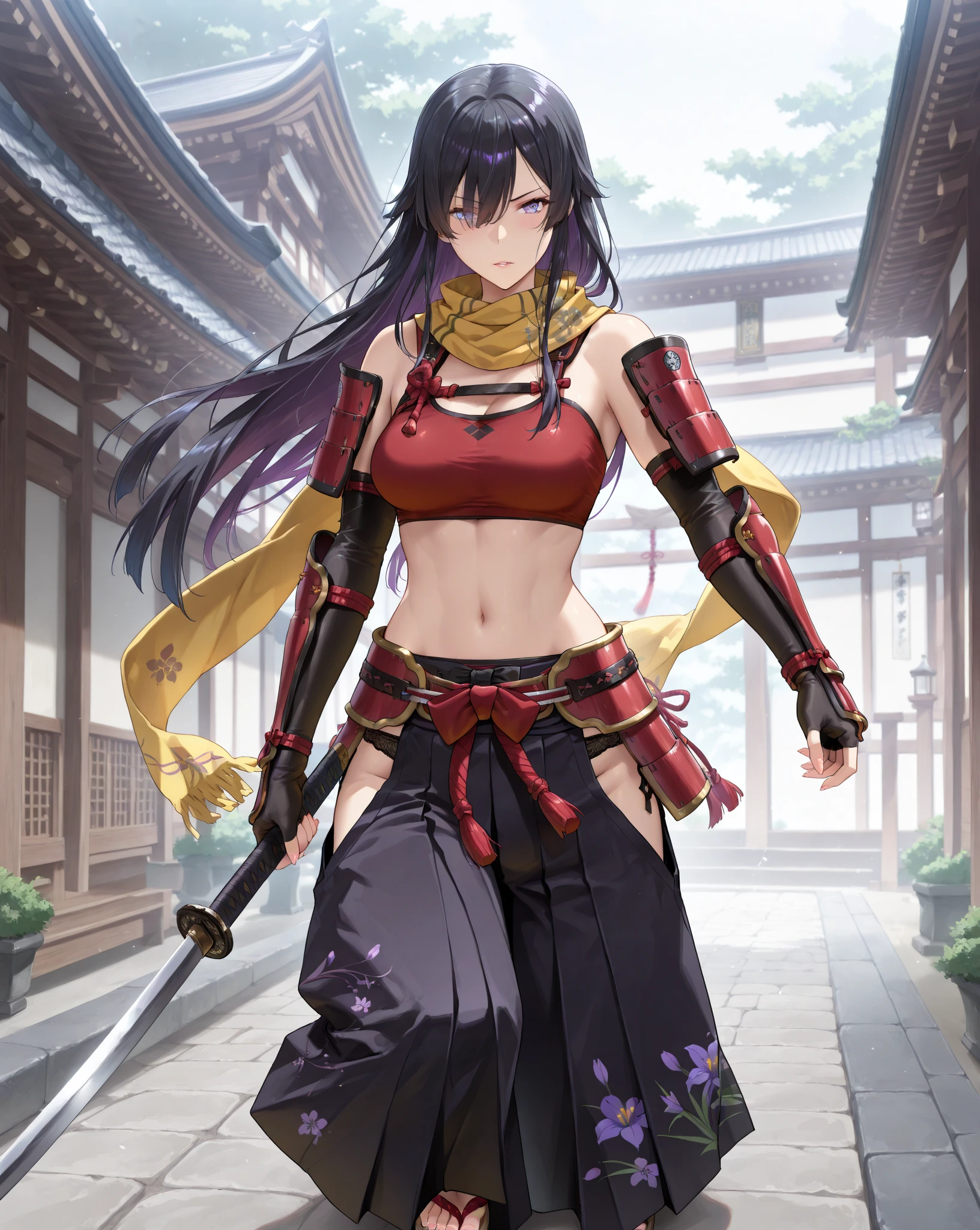 1girl, solo, black hair, long hair, hime cut, yellow eyes, robot joints, joints, mechanical arms, scarf, alternate costume, japanese clothes, bare shoulders, thighhighs, mechanical legs, indoors, standing, cowboy shot, japanese house <lora:Kato_Danzo:1>, score_9, score_8_up, score_7_up, score_6_up, score_5_up, score_4_up, BREAK source_anime, masterpiece