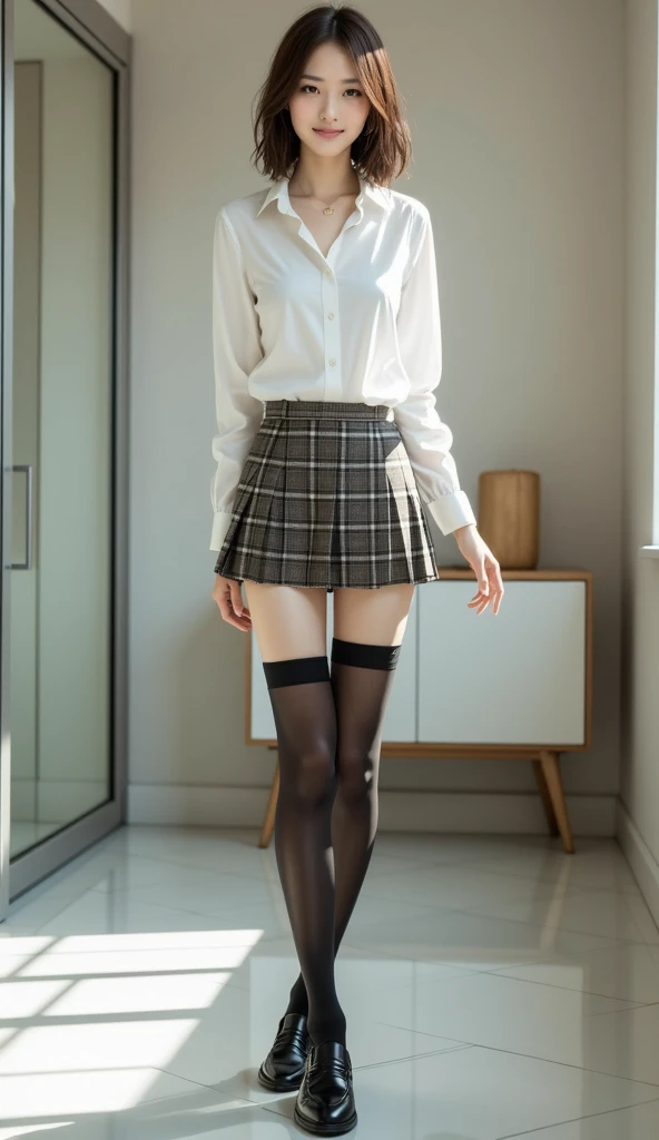best quality ,masterpiece, an extremely delicate and beautiful, extremely detailed ,CG ,unity ,8k wallpaper, Amazing, finely detail, masterpiece,best quality, extremely detailed CG unity 8k wallpaper,absurdres, incredibly absurdres, huge filesize , ultra-detailed, highres, extremely detailed, beautiful detailed girl, extremely detailed eyes and face, beautiful detailed eyes, (RAW photo, best quality), (realistic, photo-realistic:1.3), full body, light on face, dudou, light Brown Plaid Pleated Skirt,opaque clothing,overlooking,black loafers,thigh highs,black cotton socks,hair_ornament,white hair, wavy hair, light on face, (small hips:1.3), (small breast:0.3), sitting on a window seat in a pale pink dudou, looking out at the city lights at night with a dreamy expression on her face