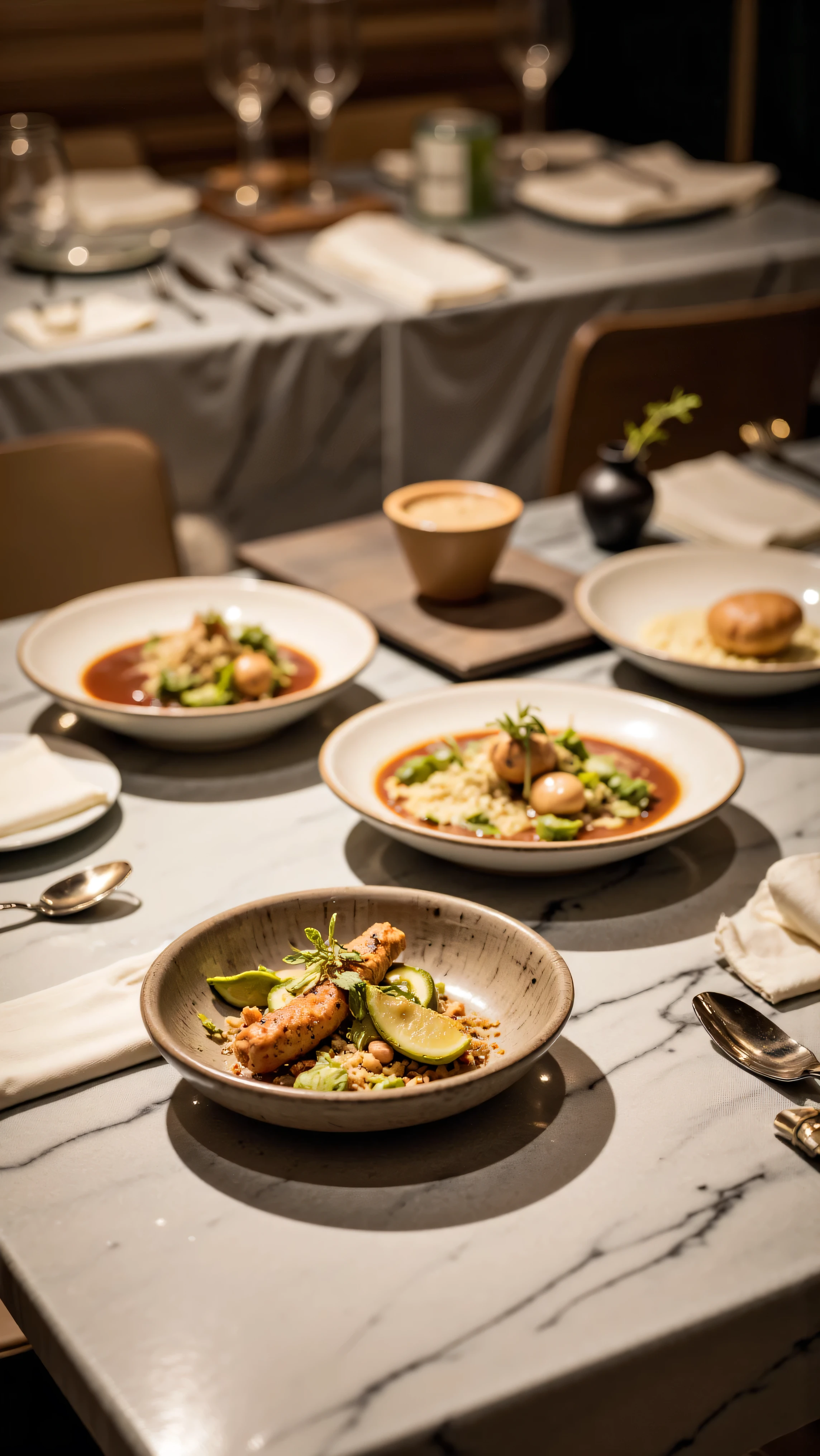 Make a photos of restaurant foods at the table, 4K, Studio Quality, Close Up, Detailed. Realistic. 