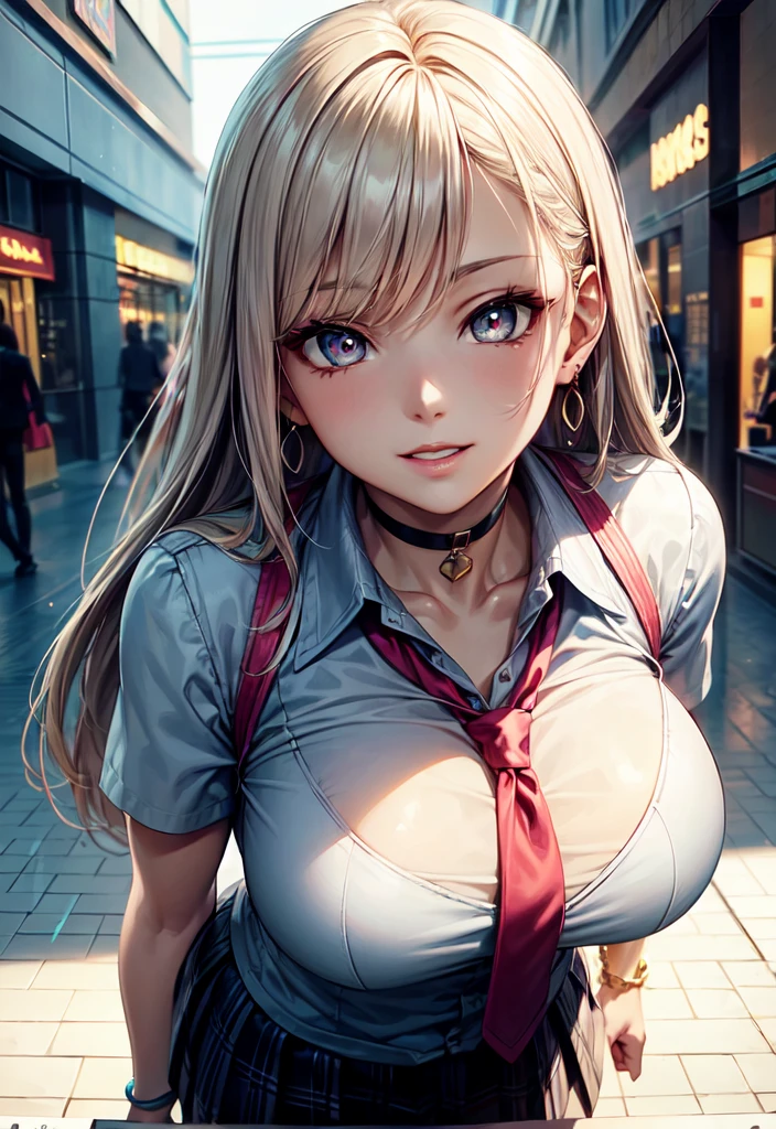 (Gyaru girl),masterpiece,huge breast, outdoors, looking at viewer, detail eyes, detail face, standing, smile, (half body view), upper body shot, (portait), (detailed face), school girl