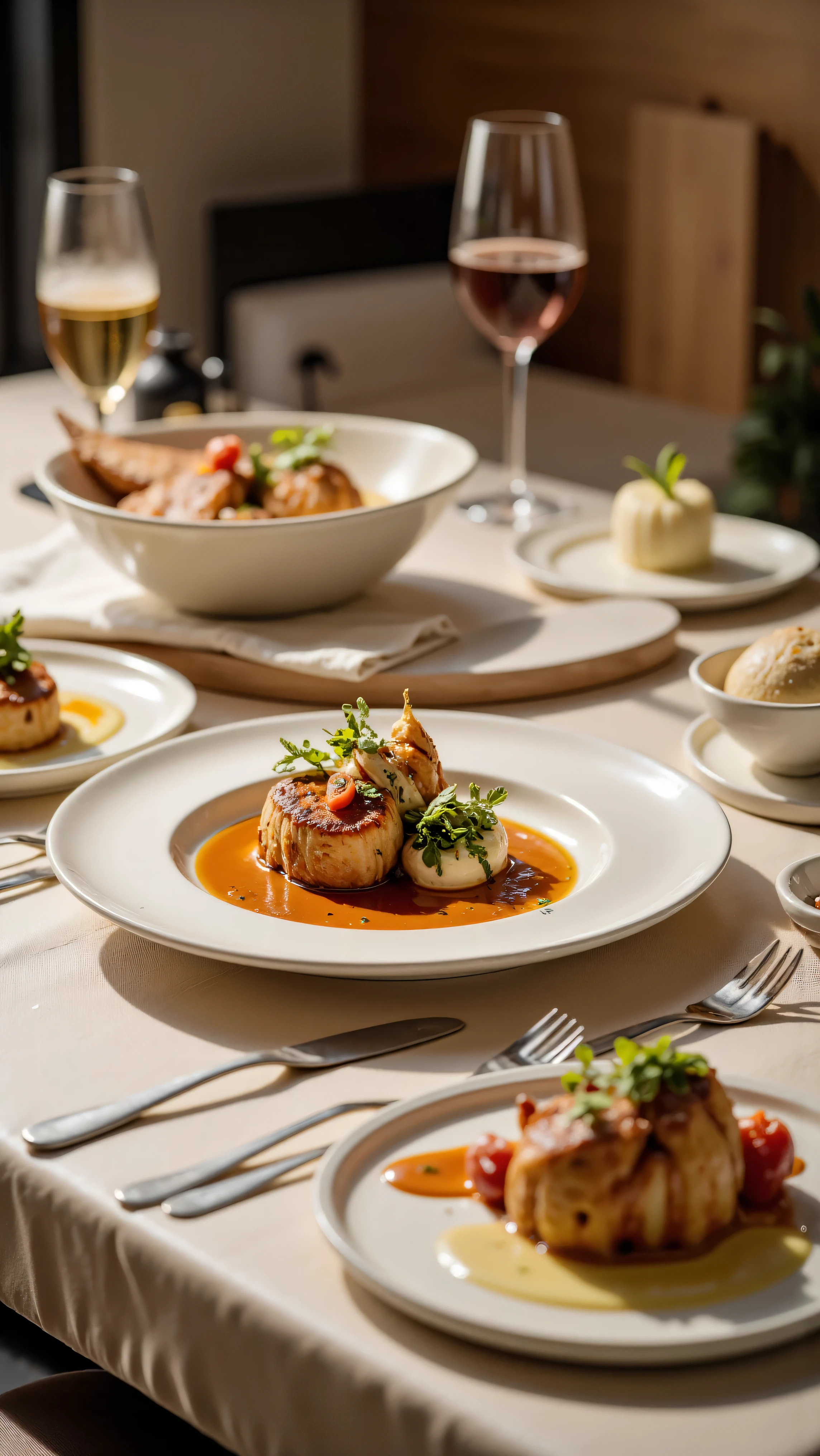 Make a photos of restaurant foods at the table, 4K, Studio Quality, Close Up, Detailed. Realistic. 
