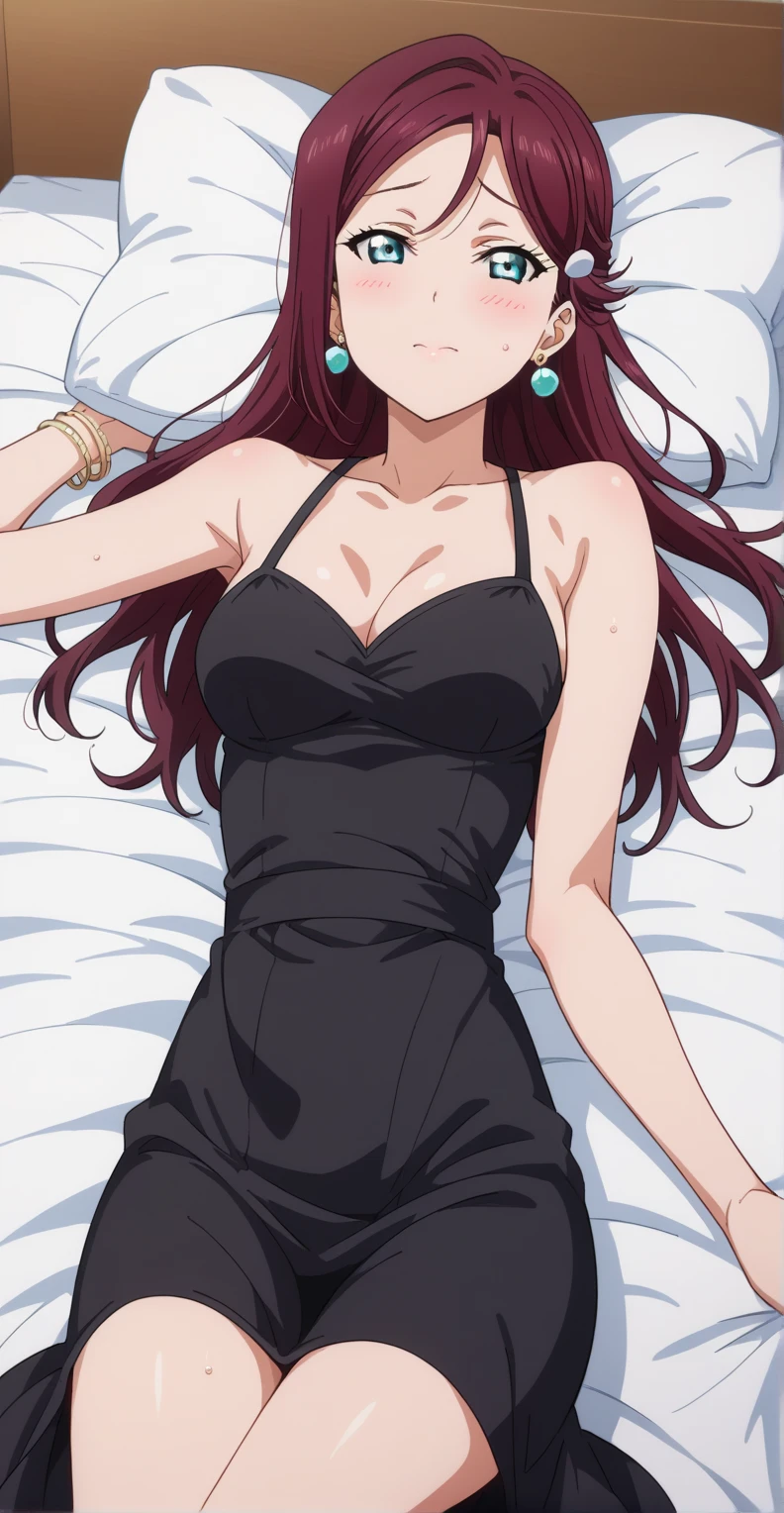 (masutepiece),(Best Quality), Katsuragi Misato, robe blanche, Brown eyes, Cross Necklace,  Lingerie with small area、Persistent stare, Sharp eyes、Lying in bed、Seductive