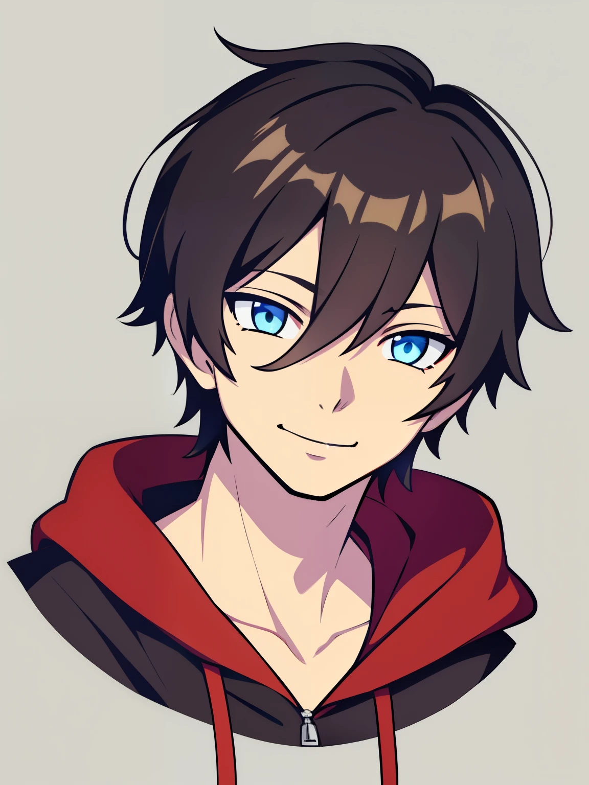 (high-quality, breathtaking),(expressive eyes, perfect face) portrait, 1boy, male, solo, young , black hair, red eye color, short hair length, soft wavy hair, cute smile, loose hair, side bangs, looking at viewer, portrait, medium full shot, happy expression, RWBY clothing, black hoodie, gold trim, white shirt, red, grey background