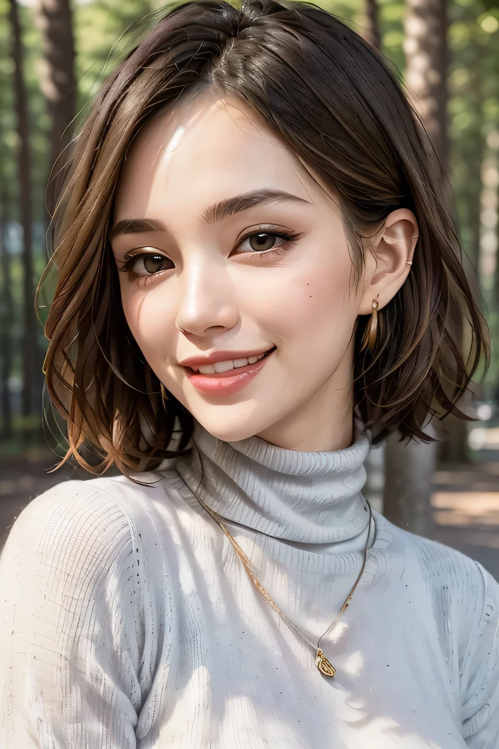 (8k, RAW photo, Best Quality, masterpiece, realistic, Photorealistic), ( female 1 person), (ultimate beauty), very detailed face, (Perfect Teeth), Beautiful Eyes, double eyelids,  eyelashes, smile, lips,  blonde bob, light shines on face, Big Breasts, ((turtleneck sweater)), ((upper body)), ((background:  Wooded Park )), ((writing boundary depth))