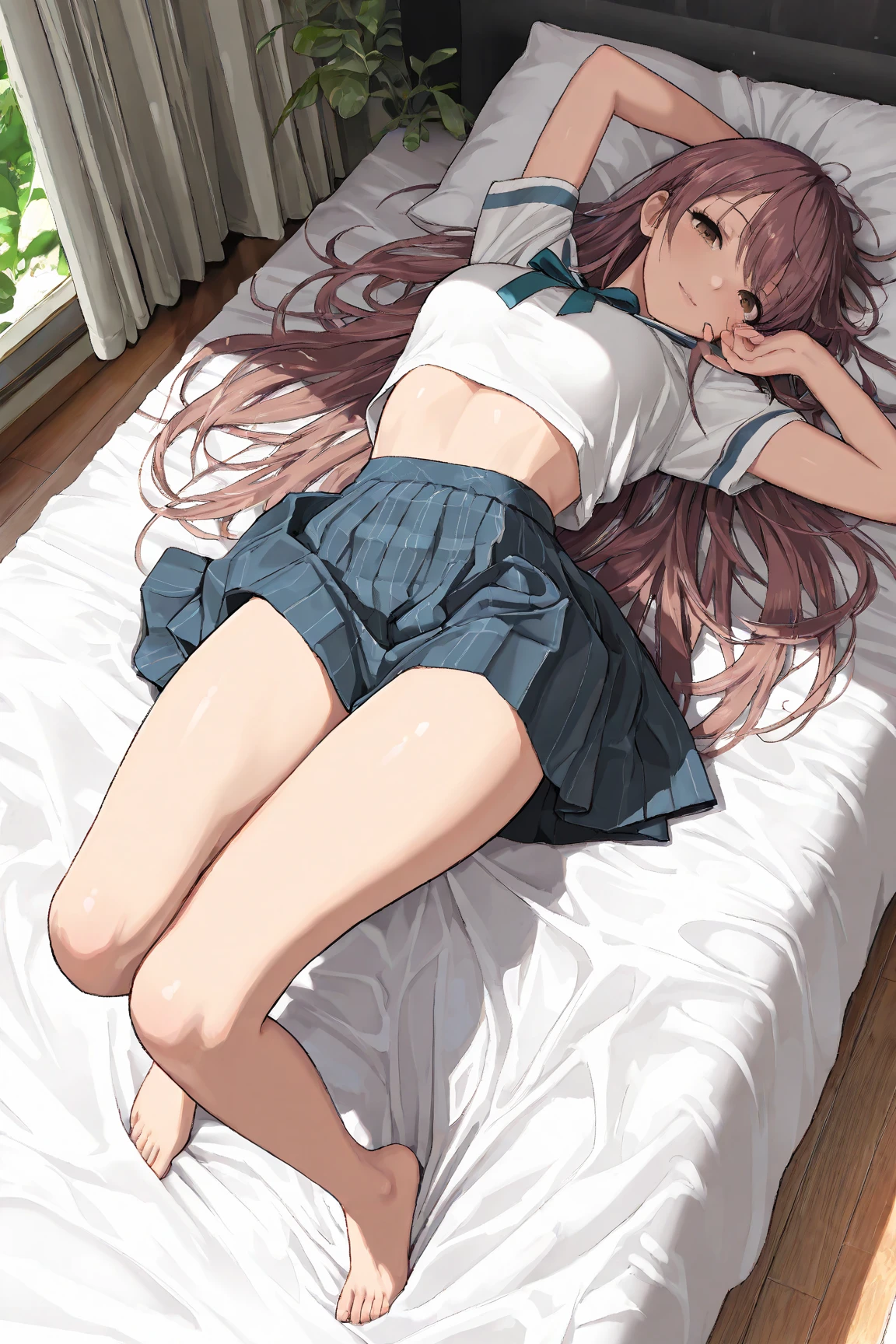 best quality, masterpiece, highres, solo, {yamato_kantaicollection:1.15}, long_hair, brown_hair, ponytail, hair_ornament, flower, hair_flower, brown_eyes, smile, breasts, cherry_blossoms, large_breasts, very_long_hair, blush, hair_between_eyes, 1girl,( (red buruma,gym uniform,))masterpiece (Stain by pussyjuice from crotch.)sneakers,white socks