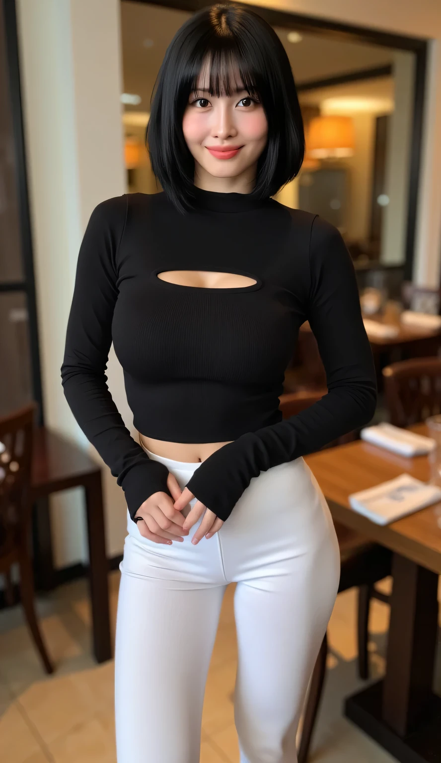 Beautiful lady 26 years old, dark short curly hair, fine nice detaild face, black turtleneck knitted tight sweather, big , brown eyes, long eyelashes, white jeans, open pose, glamour photo, huge breasts, wide hips
