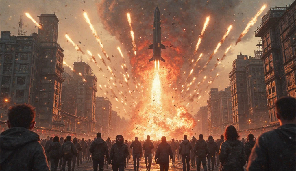 A rocket launch in a world overrun by zombies, with dark, eerie lighting and decayed surroundings. The crowd consists of zombies, and the rocket has a rugged, worn appearance.