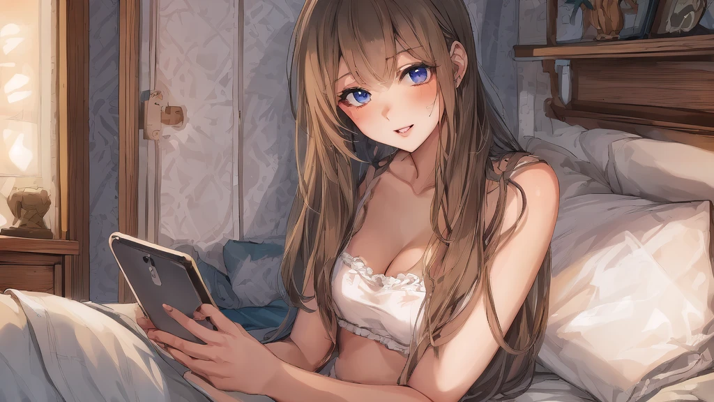 Highest quality,Highest Resolution,1Beautiful girl of the person,Get in bed and use your cell phone,sleep,holding a mobile phone in hand,Dark night room,