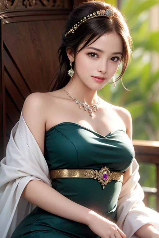 (A half body,Close-up,closeup cleavage),Arakfi Asian woman sitting in chair,Wearing a green and gold dress, Palace , A girl in Hanfu, Hanfu, Cheongsam, with acient chinese clothes, Traditional beauty, Traditional Chinese clothing, Wearing ancient Chinese clothes, Chinese style, Chinese dress, Chinese costume, Chinese traditional, Chinese girl, Inspired by Huang Ji, wearing ornate silk clothes