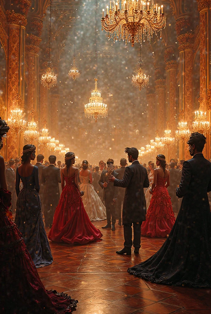 (In the opulent embrace of a Grand ballroom, chandeliers cast a warm glow upon swirling dancers, their elegant movements a symphony of grace and refinement.:0.5) ([Neo-Futurism|Cinematic film still]:1.3)