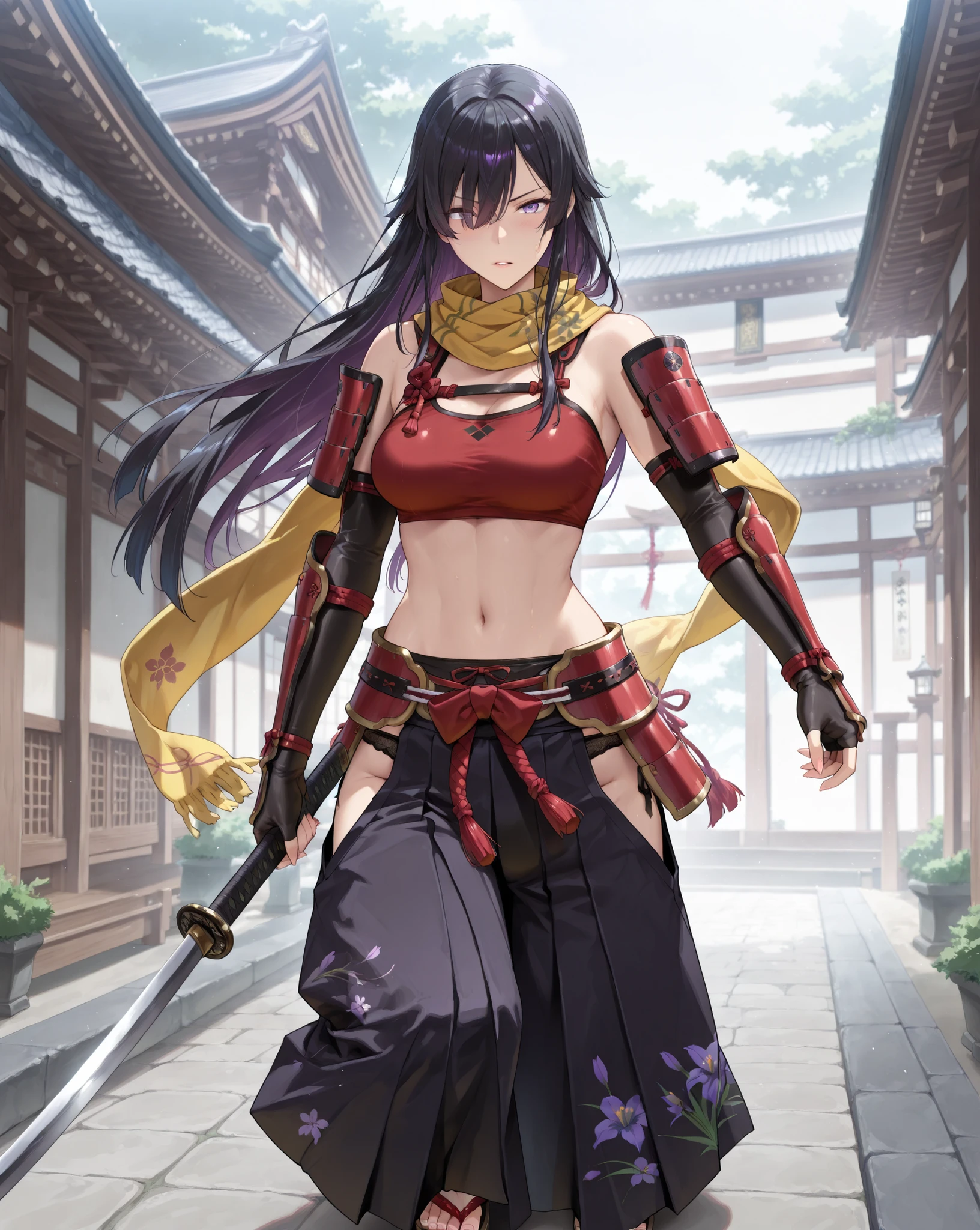 ((Best Quality)),( ultra high definition),(very detailed),( Detailed Explanation ),(( best CG )),(masterpiece),( girl,long hair, black hair, hair on one eye, Clear purple eyes, iris,medium breasts ),( red_tube_top, black underwear, Shinobi Hakama ,black_elbow_gloves, red_Front_arm_guard, fingerless_gloves, yellow scarf around the neck, sandals),, realistic