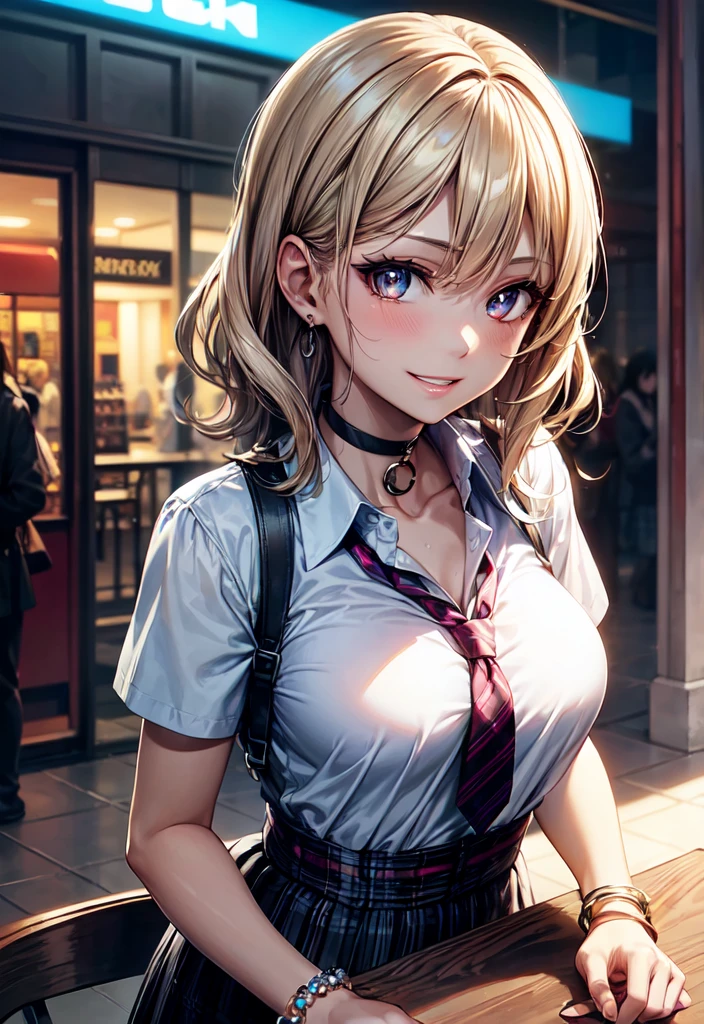 (best quality:1.2), 1girl, (masterpiece:1.2), raytracing, cute face, perfect face, ultra detailed,detailed face, 8k wallpaper, wide hips, <lora:more_details:0.5>, TogaHimiko_NDV, 1girl, yellow eyes, blonde hair, large breasts, short hair, double bun, hair bun, messy hair,  <lora:TogaHimiko_NDV:0.7>, outdoor, smile, shirt, sweater, skirt, bow tie