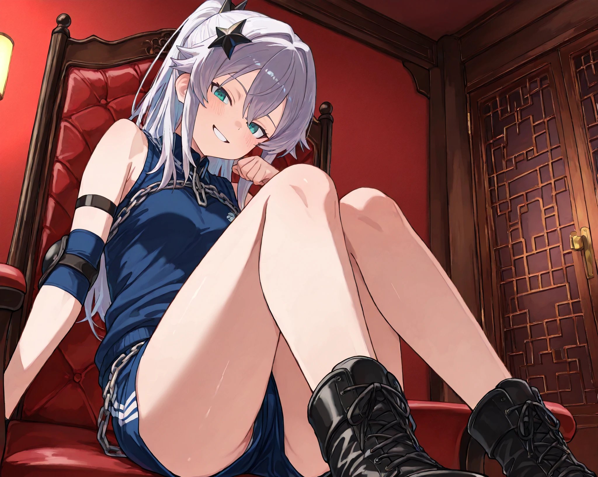 masterpiece, best quality, ultra high res,photon mapping,best shadow,portrait,beauty detail,fantasy, long silver hair, red eyes, ultra high detail, large breasts, short dress, looking at viewer,solo,feet, foot focus, from below, sole, femdom, sandals, sitting, leash, crossed leg