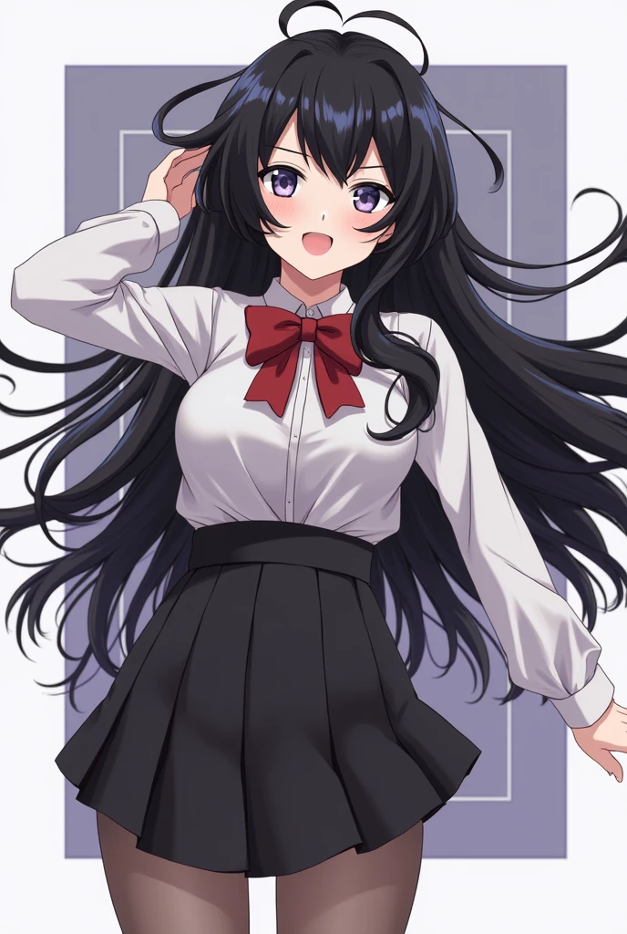 high resolution,smile,woman,woman1人,adult,cute, Black Hair,BREAK, Purple eyes,BREAK,
high school girl,uniform,White shirt,Navy blue pleated skirt,Black knee-high socks,BREAK,
Facing forward,BREAK,Pink background,