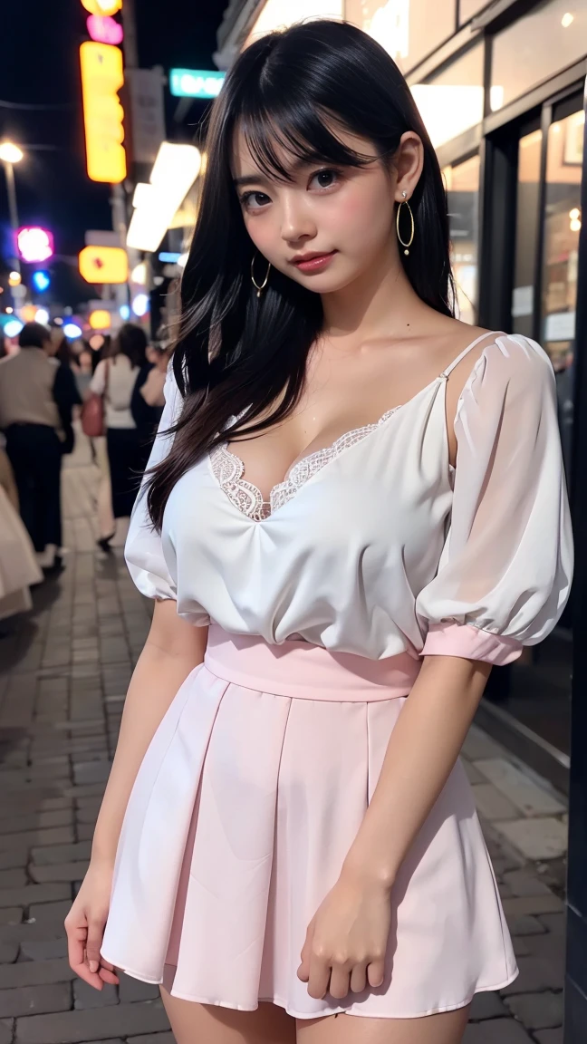 Black women、Dark skin、Spread your legs、Earrings、necklace、White shirt with puff sleeves and collar、((flare skirt))、(Stockings up to the thighs)、((Pink lace))、Big Breasts、((Bowl Cut Hair))、((Straight hair))、(Blunt bangs)、(New York Cityscape)、Very beautiful woman、Slender women、(Detailed face)、Realistic Skin、((Delicate photo)),(Girl masterpiece RAW photo details:1.25), (Highest quality:1.6), (Ultra-high resolution:1.5), (Realistic:1.75), 8k resolution, Canon EOS R5, 50mm, Absurd, Very detailed,Cinema Lighting、