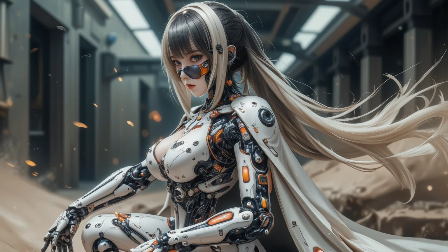 Beautiful Face,face is Japan, 1 Female, Big, Curvaceous, Top Quality, Masterpiece, Ultra Detailed, (Tube Attached Blood Vessel)((Bikini Cyborg Robot Parts)))), (Light Grey Hair), Long Hair, Wavy Hair, Twin Tails, Medium Shot, (((Seductive Smile)), (Black Eyes), Princess Cut,From Below, (whole body ),posing,,in the laboratory,( blood vessel connected to a tube),((mechanical vertebrae attached to the back)),((mechanical neck attached to the neck)),(wire cable attached to the head and body),(character focus),science fiction,