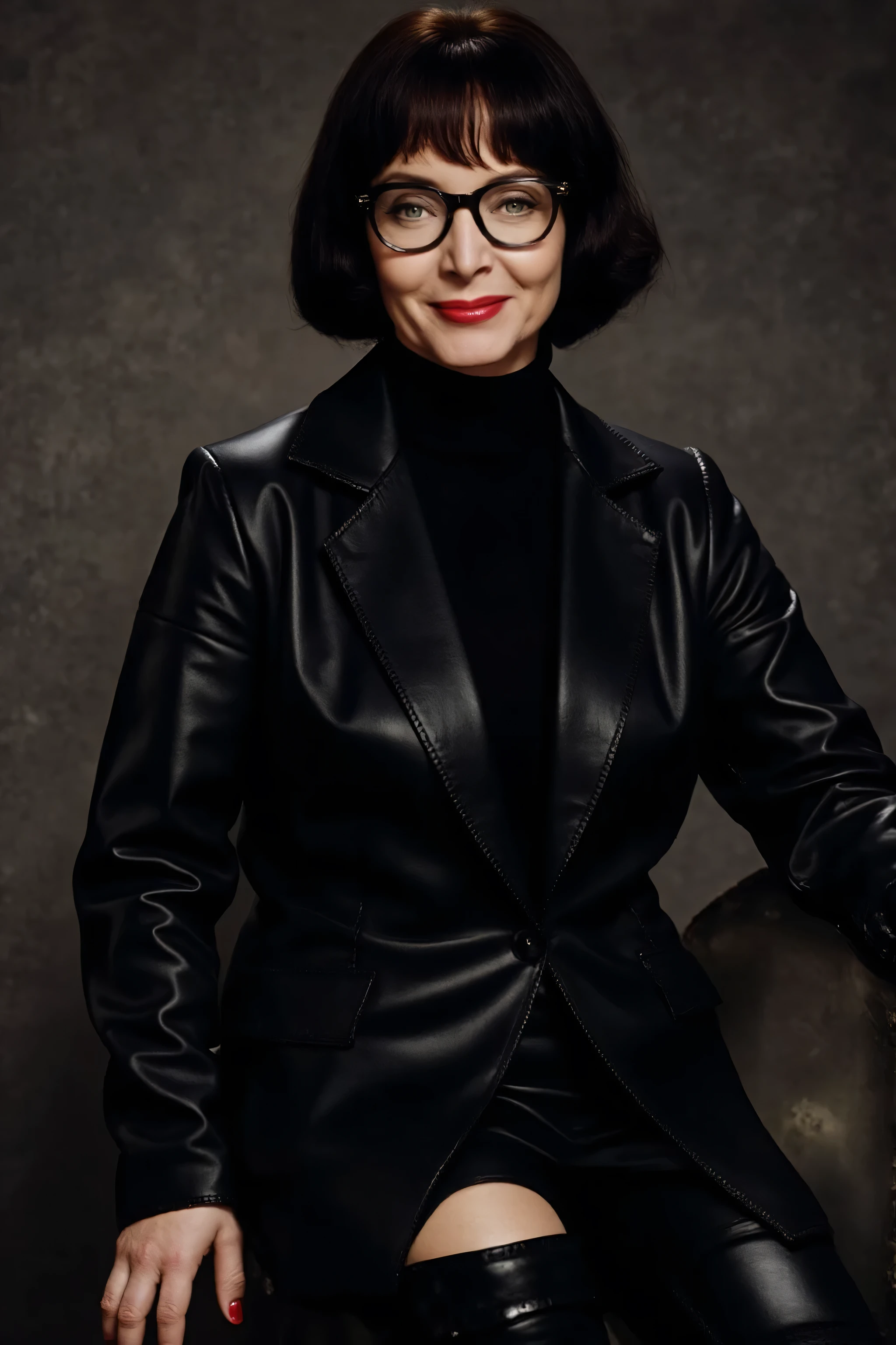 Ultrarealistic, 4k, highly detaily picture. Dark brunette Carolyn Jones wearing a black leather suit jacket, wearing black leather turtleneck blouse, wearing glasses, black leather pants, wearing black leather knee high boots. she is smiling. She is sitting on a chair