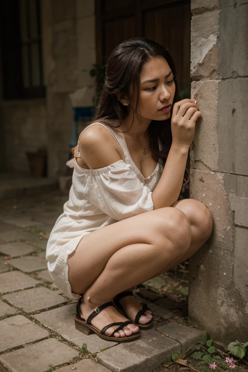 ((((Detailed explanation)))),(((masterpiece、Highest quality、Very detailed:1.42、Focus on the eyes)))、Female in her late teens、Portraiture、Blurred cityscape at dusk、Silhouette of buildings and street lamps、Medium length dark brown hair、natural wavy curls、The wind is blowing softly、Some hair falls to the side of the face、Skin is smooth、Healthy olive color、The tan lines are faintly visible、Natural redness on the cheeks、I have a few small laugh lines on my forehead、Eyes with dark brown irises、The pupil is shining, Reflects light、Long curled eyelashes、Highlights the eyes、Eyebrows are thin and trimmed、Natural Arch、Small nose、straight、straight nose、lips are plump、soft pink lip gloss、Ultra-thin camisole、Barefoot and barefoot、A simple silver bracelet on her right wrist、A small diamond earring sparkles in her left ear..、The expression is calm、have confidence、smile、(((Emphasize the contrast between light and shadow)))、Realistic textures and facial details