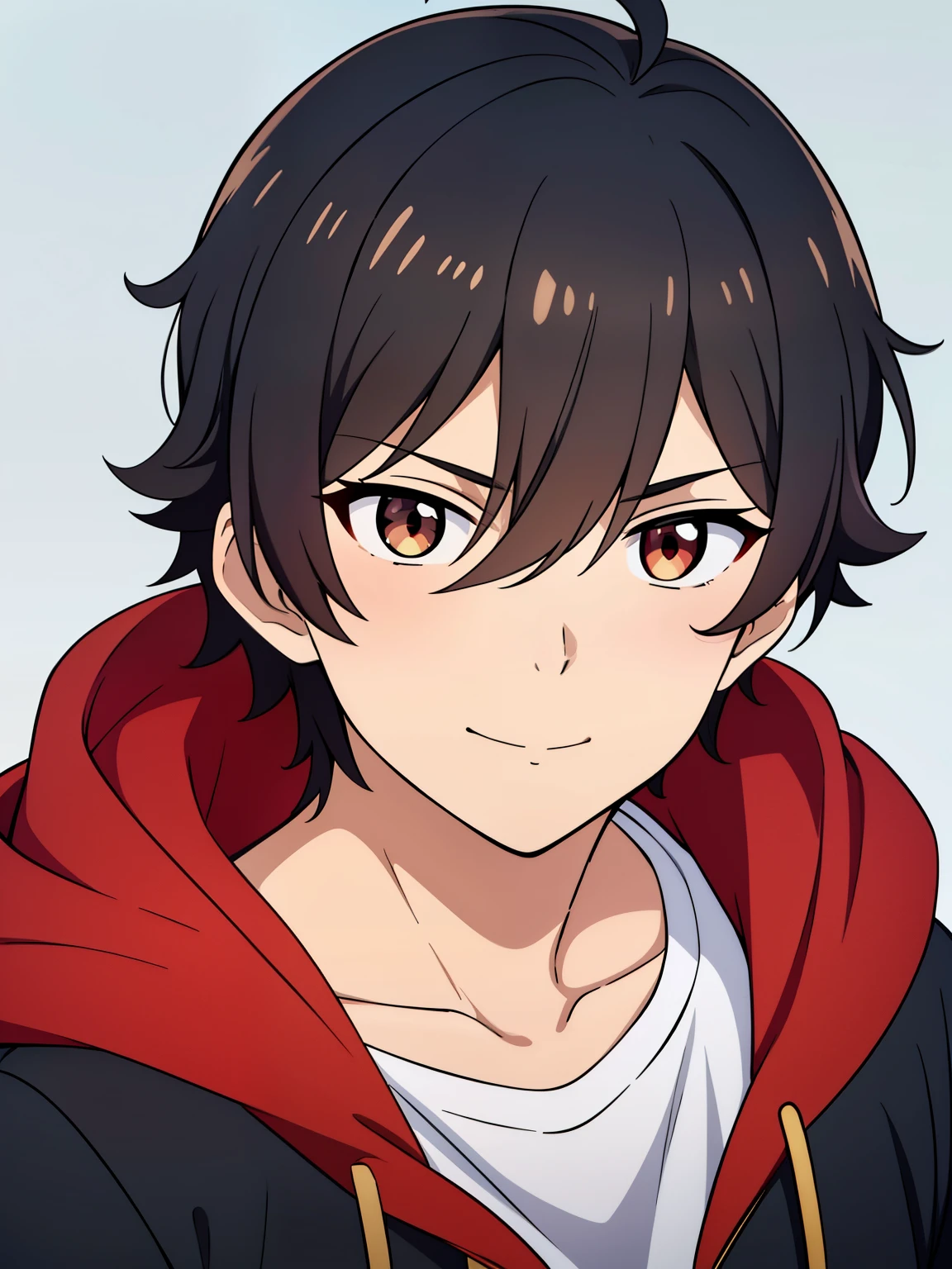 (high-quality, breathtaking),(expressive eyes, perfect face) portrait, 1boy, male, solo, young , black hair, red eye color, short hair length, soft wavy hair, cute smile, loose hair, side bangs, looking at viewer, portrait, medium full shot, happy expression, RWBY clothing, black hoodie, gold trim, white shirt, red, grey background