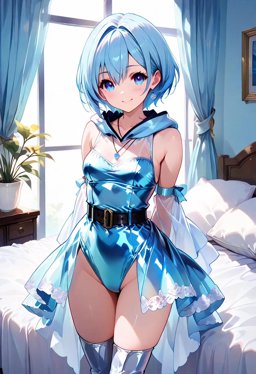 masterpiece, 超Liアルな8K CG, perfect artwork, (Liッチ: 1.4), cinematic light, ((masterpiece, highest quality)), girl, athletic, muscular, thin, Glossy skin, (Fair skin, fair woman), big, (One chest: 1.2), (Clothes Pulling), (chest shift: 1.2), nightwear, (See-through silhouette: 1.2), delicate pattern, small details, Bedroom, blurry background, light blue hair, short hair, blue eyes, Lim (Li:zero)