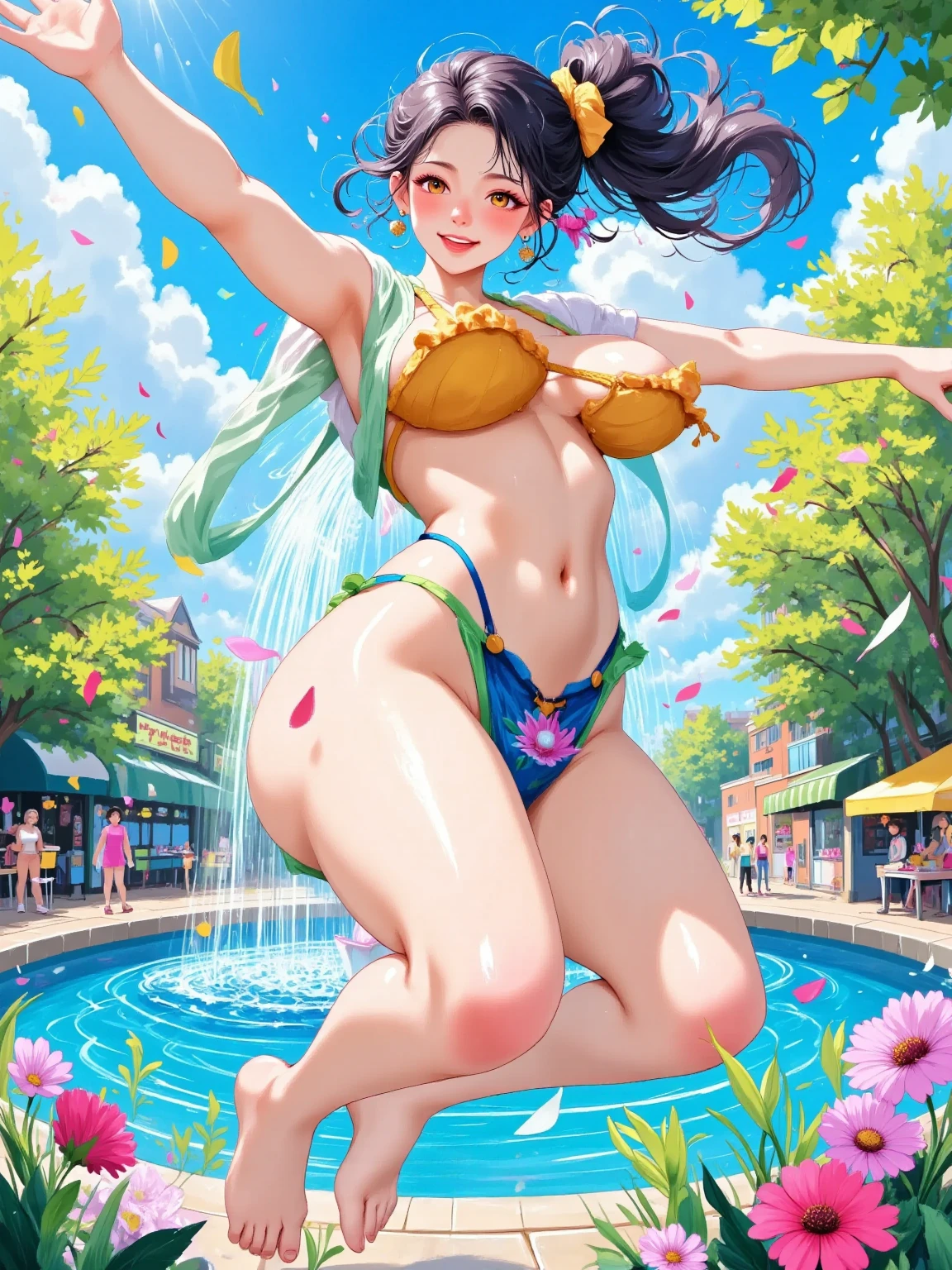 High resolution, high quality, One girl, Anime Girls, Brown long hair, Brown eyes, Pink Glasses,heart shaped pupils,Sunburned skin, Large Breasts,beautiful breasts,pointy breasts,(Big Ass),beautiful ass,Embarrassed,Tank Top,swimsuit,lower body,sweat,wet,swimming,(open legs),arms behind head,at Poolside,(Kiwi juice),(lemon juice),(orange juice),(Pineapple juice),(Mango juice),(water),