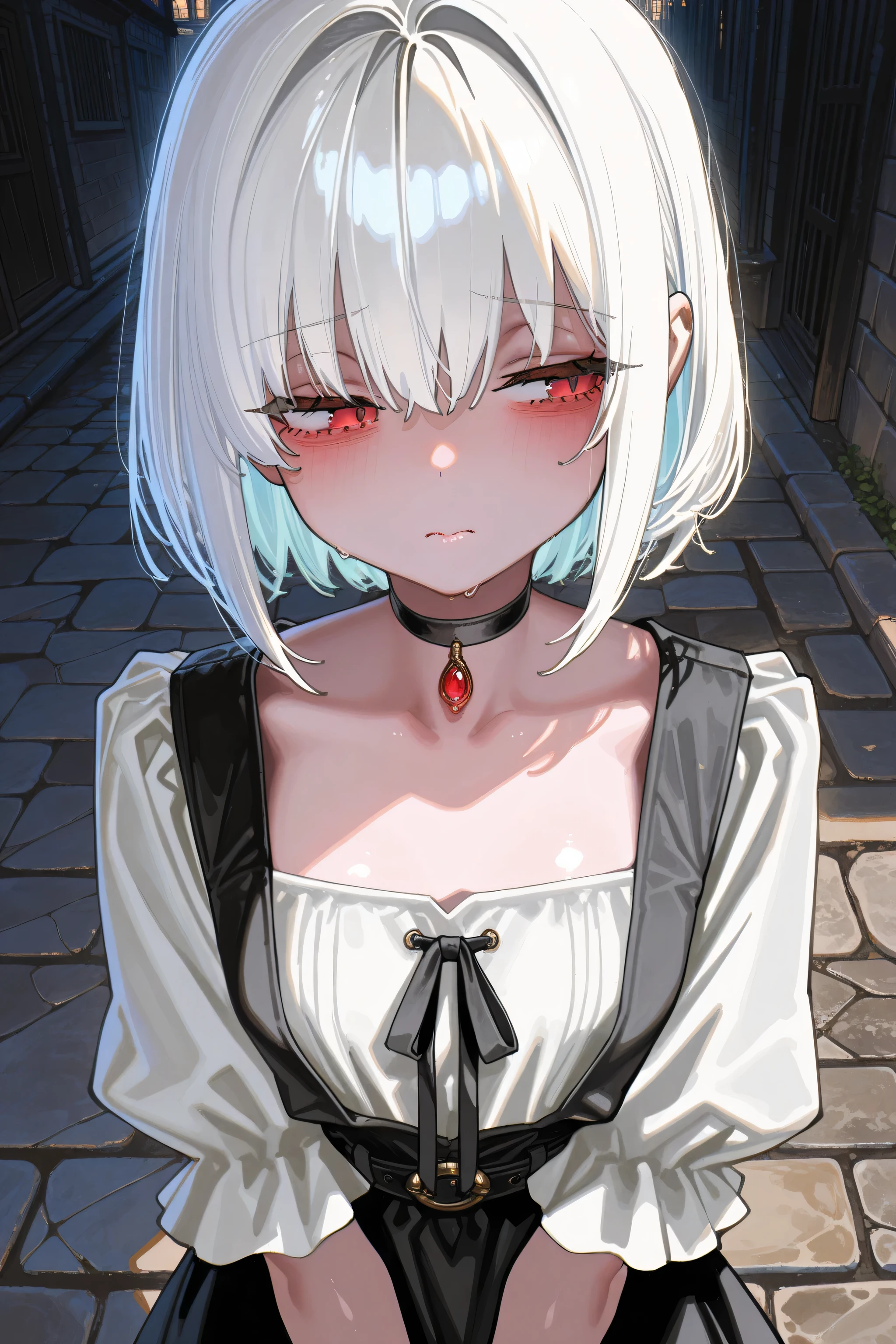 kmj-anonstyle, [artist:yoneyama mai], [artist:kanzarin], [artist: ekrea_jan], masterpiece,best quality,amazing quality, 748cmstyle, eye focus, solo, white hair, red eyes, choker, tattered clothes, cobblestone street, solo, looking away, sad expression, beautiful face, soft lighting