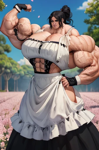 ((Close-up)), tall, (orange blue hair) beautiful muscular woman, long shaggy hair, pale white skinned, closed smile, (black lipstick), (massive muscles), (hyper muscle), (((ginormous bulky muscles))), green eyes, (((sleeveless orange pleated shirt))), (giant angel wings), (((long pleated skirt with belt))), fingerless gloves, necktie, thigh highs, on a skyscraper,