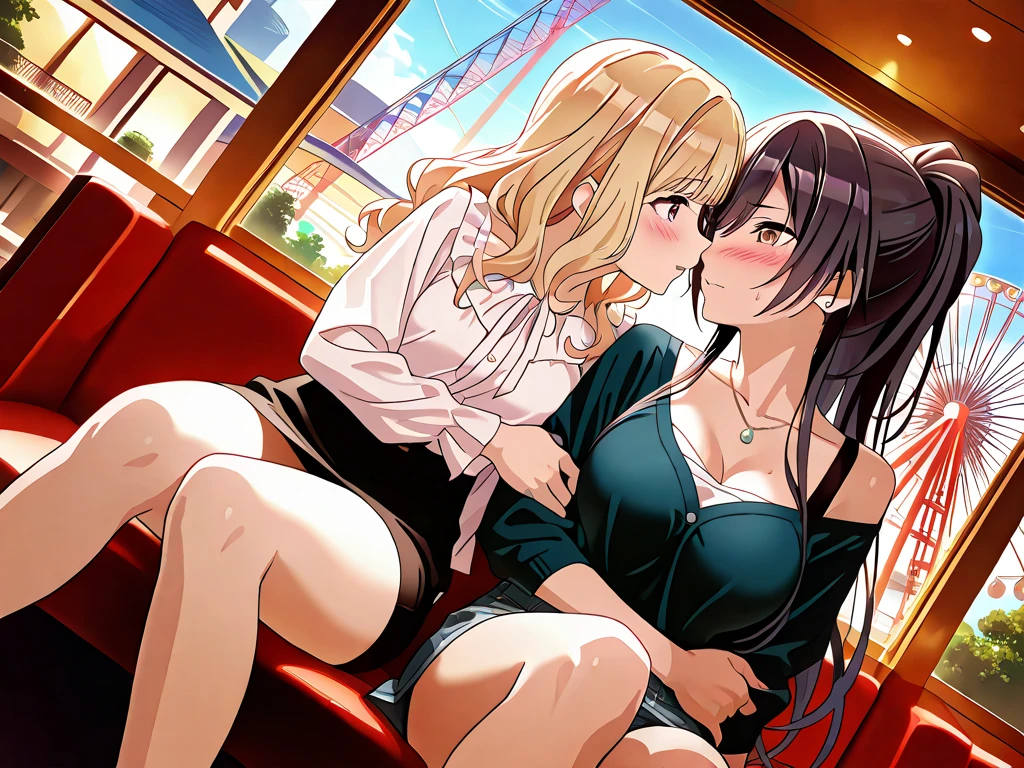 ((adult woman with 2 naked women walking)),(long black hair, smile)),((hairy pussy, very large pussy piercing, chest piercing, big breasts, hugged with a kiss,((younger girl , with very long yellow hair, very small breasts, in the car, mini skirt without panties, open shirt))), at the door of the house,