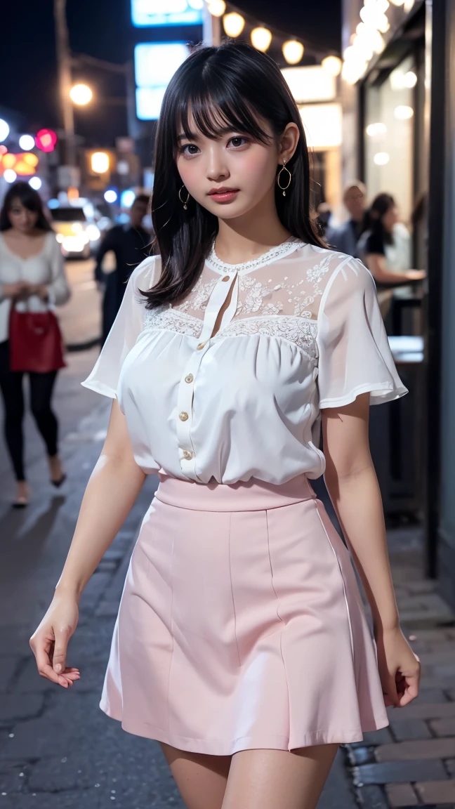(8K, Raw photo, highest quality, masterpiece:1.5), Super detailed, ultra high resolution, 8k wallpaper, huge file size, (realistic, realistic Photo:1.37), Beautiful girl very knowledgeable, highly detailed face, very fine eyes, very fine skin, very fine fingers, very small nose, Highly detailed detailed mouth, highly detailed background, very detailed costume, perfect anatomy, Anatomically perfect hands, (whole body from thighs:1.8), (1 person), 25歳の日本のbeautiful actress, (young face), (perfect body:1.1), pure erotic face, slender body, slender body shape, The beauty of slim abs, Fair skin, glowing skin, ruddy skin, long and thin legs, light brown delicate soft hair, feminine adult french bob, layer cut, (dull bangs:1.2), natural smile, beautiful teeth, beautiful small face, realistic face, beautiful actress&#39;natural makeup, eyes with long eyelashes, charming brown eyes, Plump and glossy pink lips, My cheeks turned red, necklace, earrings, beautiful and detailed eyes, very fine skin, well-shaped small breasts, Cute little pink areolas, plump ass, ((Gray see-through blouse, unbutton a blouse, pink floor skirt, Completely naked, I can see your nipples:1.2)), ((night entertainment district:1.5)), Walk happily, great atmosphere, ((dazzling thighs, roll up the skirt to the top:1.5)), tilt your head a little, Above the knee taken from the front, dynamic lighting