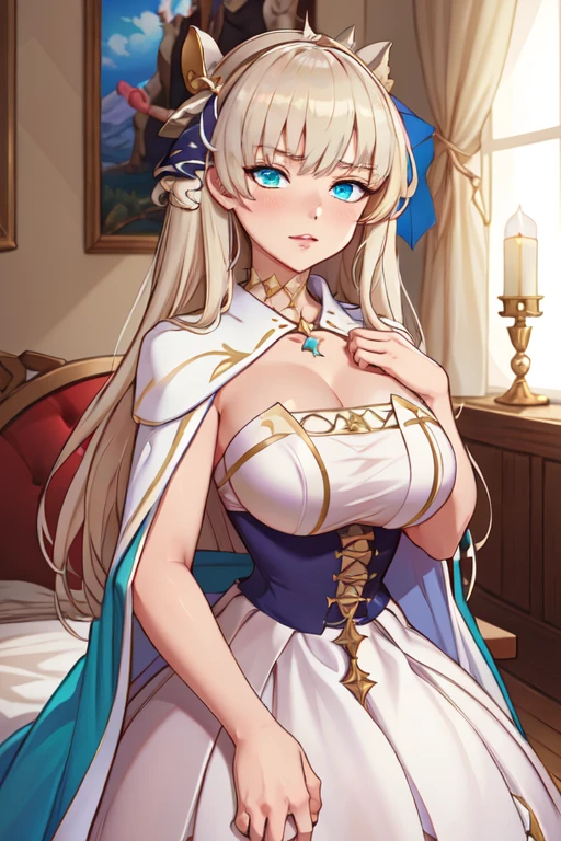 There was a woman in a white dress holding a music box., artwork in the style of Guvez, Guvez on pixiv artstation, Guvez on artstation pixiv, Guvez, Fantasy art style, Guvez masterpiece, beautiful and elegant queen, beautiful character drawings, Detailed digital anime art, blonde hair princess, white hair, blue eyes, pink lips