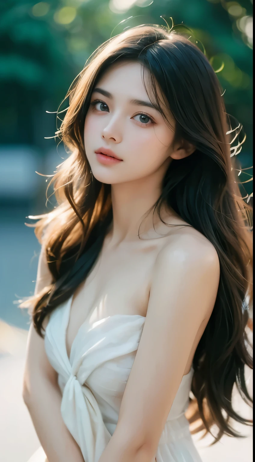 film portrait photography, 1girl, bare shoulders, wavy shoulder-length hair, serene, calm, (realistic detailed eyes, natural skin texture, realistic face details), soft dramatic lighting, depth of field, bokeh, vibrant details, finely detailed, hyperrealistic, 35mm film, hazy blur, filmg,