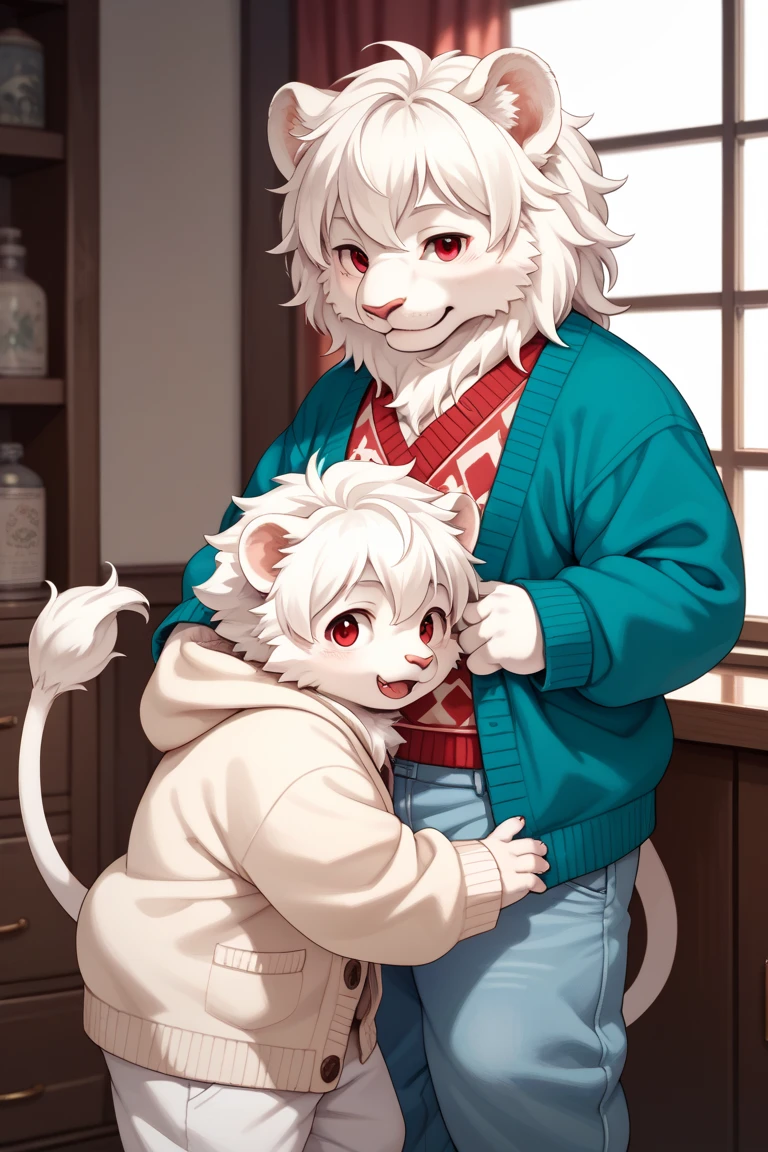 kemoshota, naked harness, 2 boys, full body harness, chest harness, snow, dynamic angle, albino white tiger boy and albino cream white lion boy, tiger body features, lion body features, heavy breath, naivety, innocent, collar, sweat, sweat drops, short statue, short height cub boys