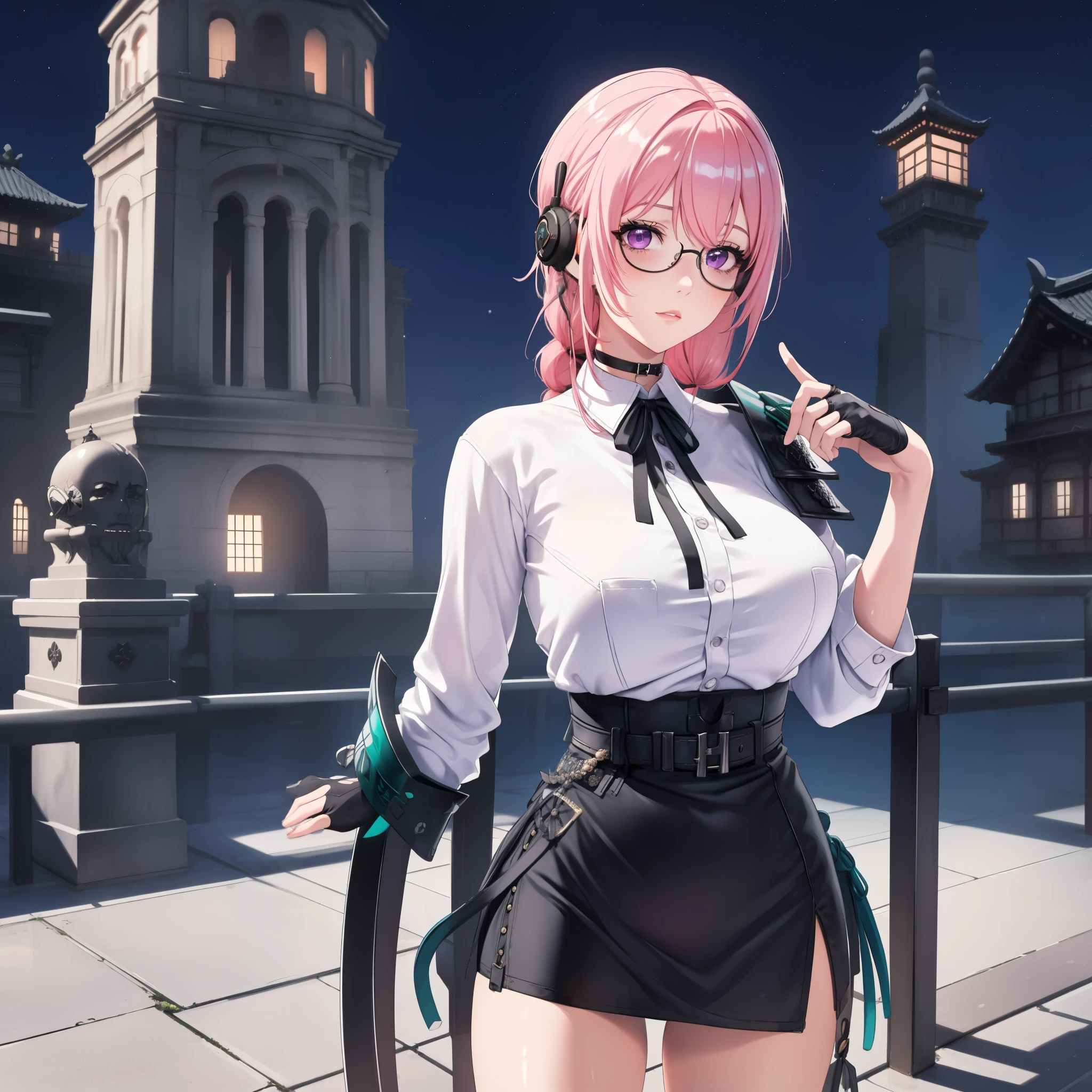bright clothes, a girl, (Yanagi Tsukishiro ), Alone, Standing, front view, looking at the spectator , long braided hair pink, beautiful eyes , detailed eyes , purple eyes shirt, huge breasts, sensual lips, ((simple samurai armour shoulder pad)) , ((earpiece for the right ear)), harness, glasses, choker :1.6, black gloves, ((high-waisted shiny black miniskirt)), ((White shirt with collar)), (black ribbon for the chest), (dark green neck strap), shy expression , , biblioteca antigua Gothic style, Gothic style, at night