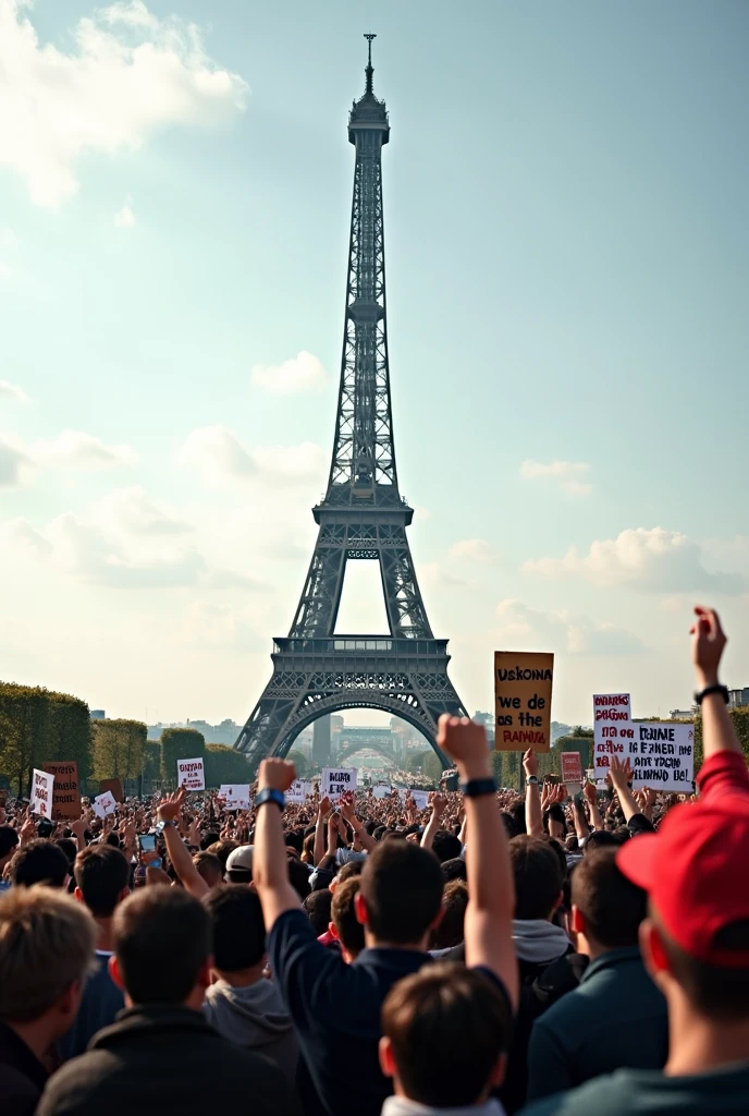 a French mime holding a sign that says "At Least I'm Not French", Eiffel Tower in background