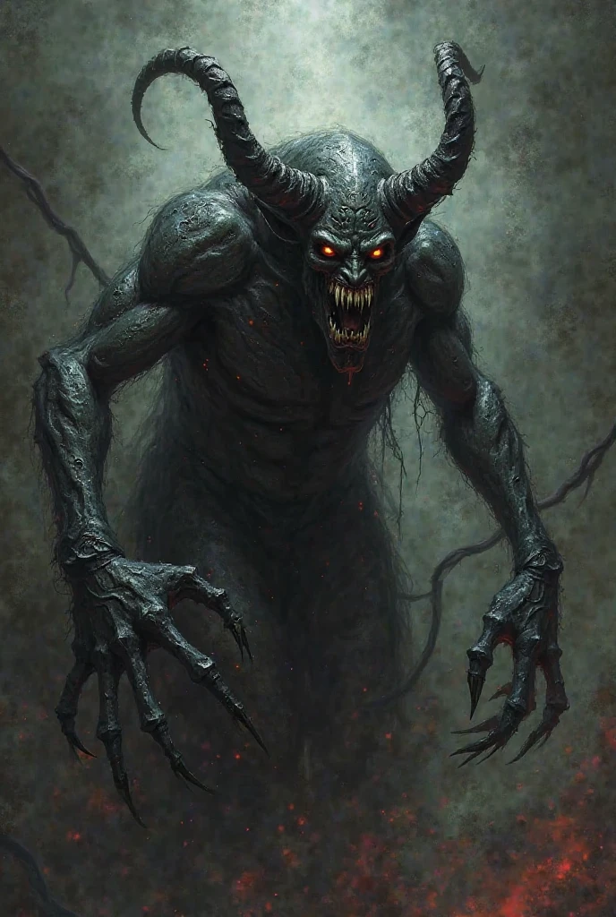 a demonic girl, horror, broken architecture, ruins, gray, indoor, closeup, cinematic lighting, dramatic pose, dark shadows, detailed face, piercing eyes, sharp fangs, horns, ragged clothing, tattered wings, decaying environment, crumbling walls, (best quality,4k,8k,highres,masterpiece:1.2),ultra-detailed,(realistic,photorealistic,photo-realistic:1.37),dark fantasy,moody atmosphere