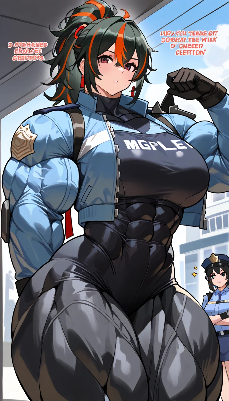 A muscular mature policewoman with black hair tied up in a blue patent leather catsuit, wearing white boots, white gloves, a blue police hat and a smiling face while holding a machine gun