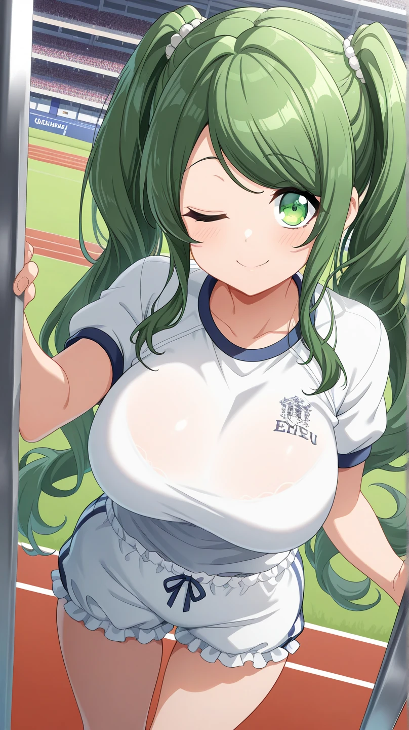 masterpiece,highest quality,wonderful,finely,High resolution,1 Girl, Large Breasts,(tennis uniform:1.3), Huge breasts,Black Hair, Glasses, Green Eyes,Twin tails