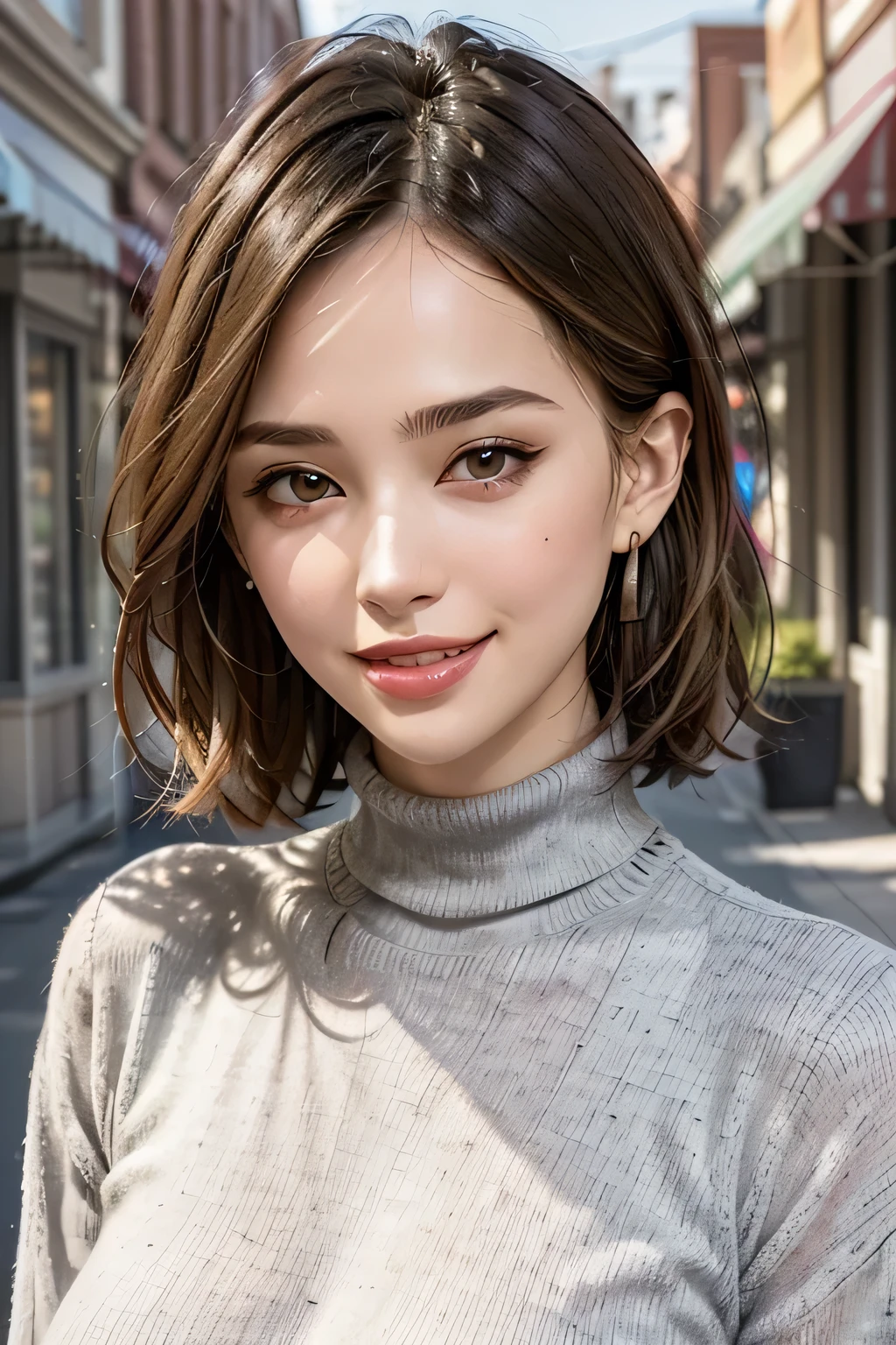 (8k, RAW photo, Best Quality, masterpiece, realistic, photorealistic), ( female 1 person), (ultimate beauty), very detailed face, (Perfect Teeth), Beautiful Eyes, double eyelids, eyelashes, smile, lips, blonde bob, light shines on face, Big Breasts, ((turtleneck sweater)), ((upper body)), ((background: Main Street Fucked By Citizens), ((writing boundary depth))