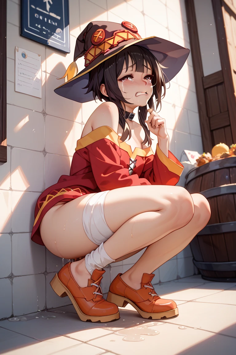 Nsfw,((dwarf,toddler body)),megumin,1girl,solo,breasts,blush,bangs,brown hair,black hair,red eyes,hat,navel,heart,beer mug,dark golden pee,(pee,poop),(((peeing in the beer mug in the hand))),(poop in the beer mug),(incontinence,white steam from pee),(((spread pussy))),(((spread anus))),pussy with dirt,thigh with dirt,beer full of cervix,poop full of mug,standing,beer mug between legs,((Straddle small beer mug)),from below