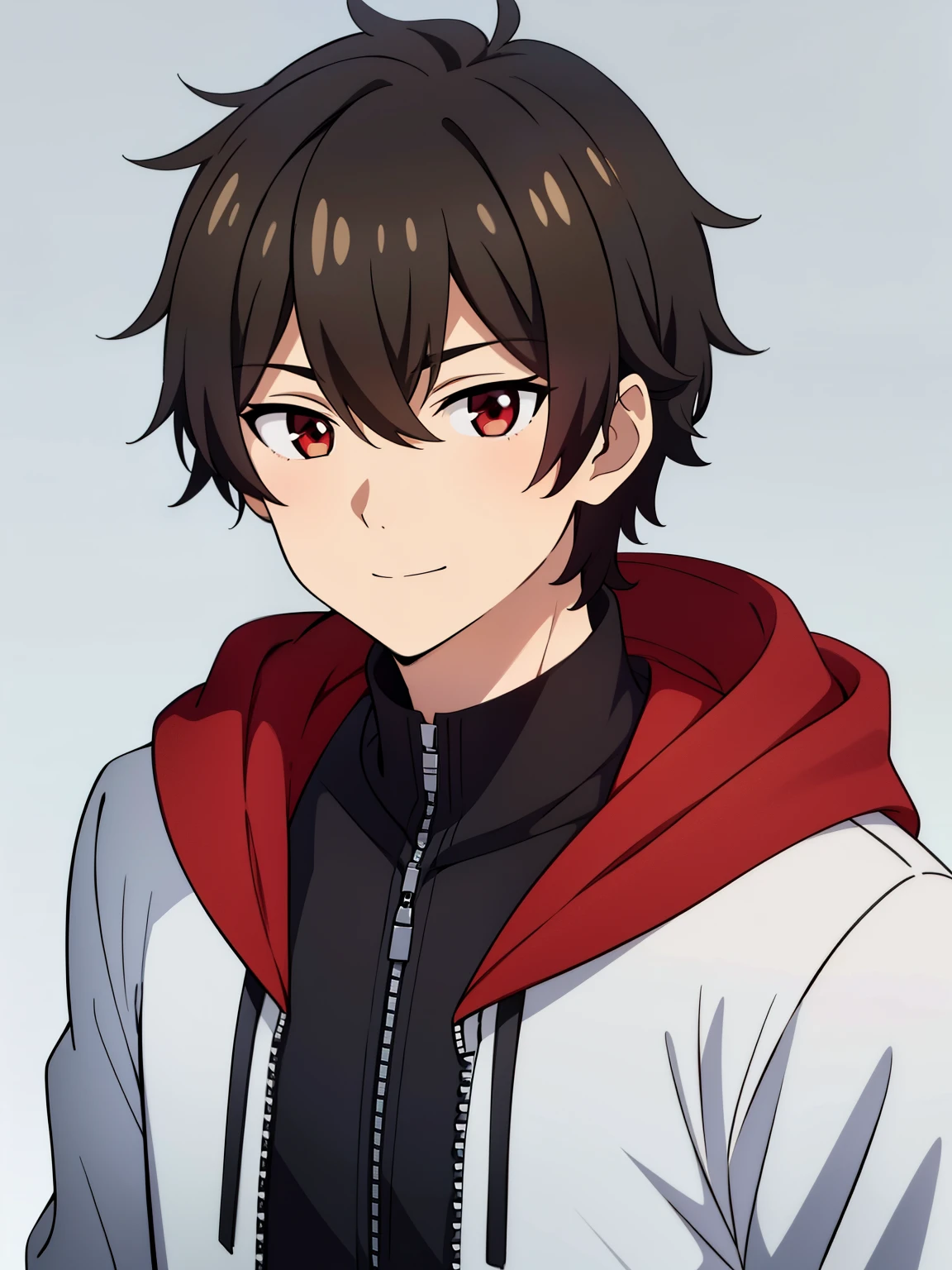(high-quality, breathtaking),(expressive eyes, perfect face) portrait, 1boy, male, solo, young , black hair, red eye color, short hair length, soft wavy hair, cute smile, loose hair, side bangs, looking at viewer, portrait, medium full shot, happy expression, RWBY clothing, black hoodie, gold trim, white shirt, red, grey background