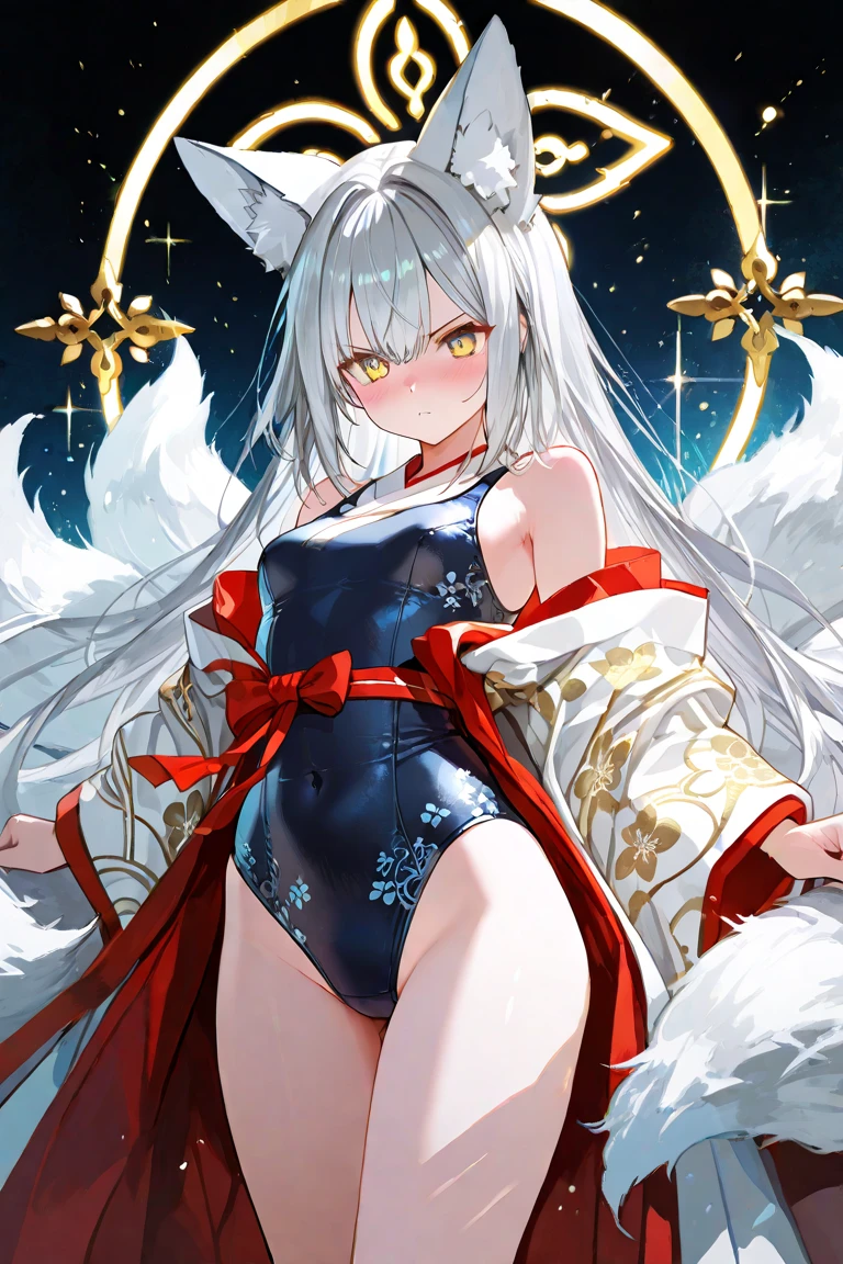 white(Fox ears、Foxtail)，white发、neat long hair，headgear，blue eyes，white色長襪、Light blue Hanfu，Clothes that cover the waist、inner thigh、Chest，white鞋，white手套，Off-shoulder，look ahead，A 16-year-old female，whole body，Seductive pose，sitting，legs(overlap)，feet on the ground，Hand touching chest，View from top to bottom，View from the side，Background snowflakes，HD 1080p，