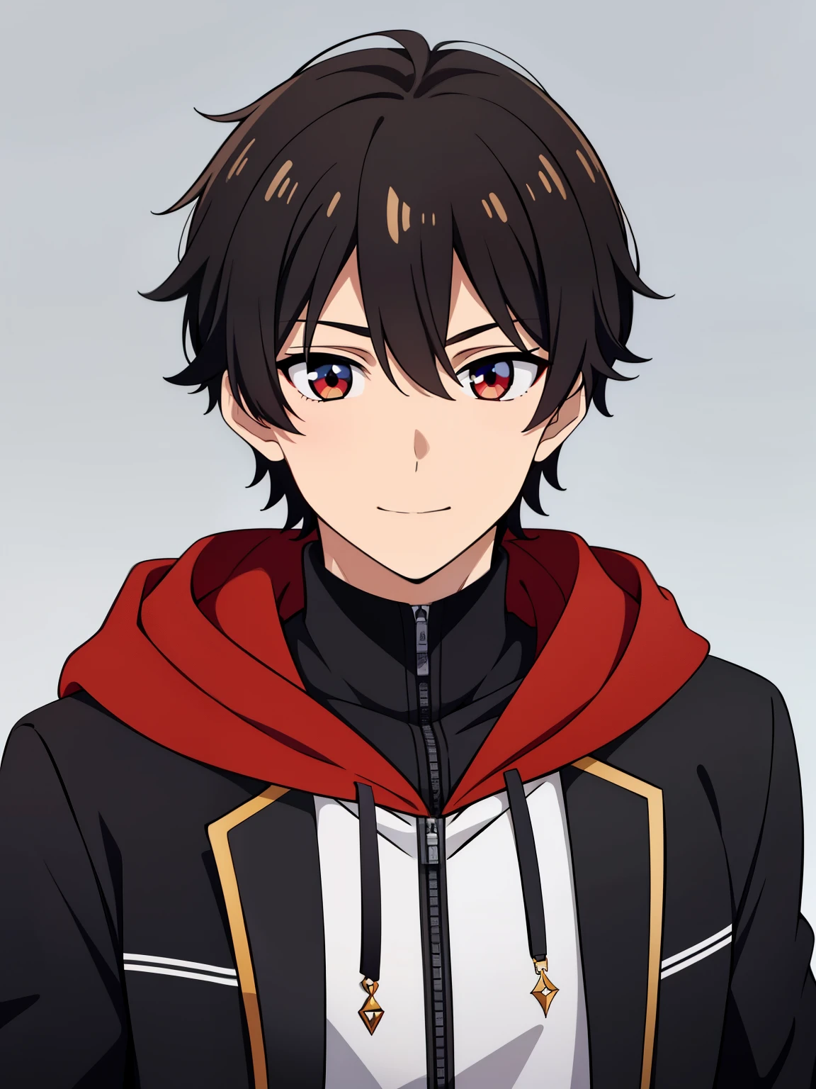 (high-quality, breathtaking),(expressive eyes, perfect face) portrait, 1boy, male, solo, young , black hair, red eye color, short hair length, soft wavy hair, cute smile, loose hair, side bangs, looking at viewer, portrait, medium full shot, happy expression, RWBY clothing, black hoodie, gold trim, white shirt, red, grey background
