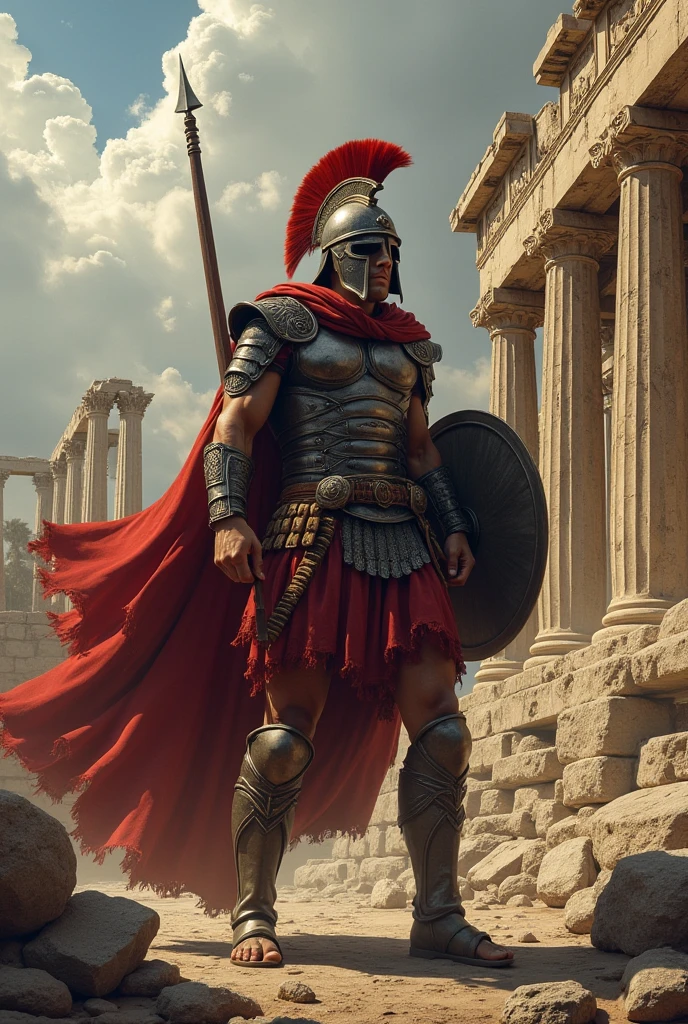 beautiful greek warrior holding sword and riotshield fighting the romans, 300, gladiators, bodyarmours, , army, castle in the background, sunrise, halo, mythology, magical, fantasy, 3d, high-detailed image, sharp, clear, focus, photography, dslr quality, in focus,