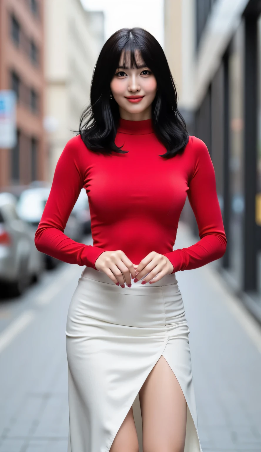 8k, masterpiece, RAW photo, best quality, photorealistic, extremely detailed CG unity 8k wallpaper, Depth of field, Cinematic Light, Lens Flare, Ray tracing, (extremely beautiful face, beautiful lips, beautiful eyes), intricate detail face, ((ultra detailed skin)) 1girl, in the dark, deep shadow, pretty asian girl, 1 girl, (very slim slender fit-muscled body:1.3), ((looking at viewer)),(big smile:1.3), (short skirt ), (red mini skirt ), pantyhose, clear eyes, walking , front shot, (pale skin), (big eyes), face forward, (red shirt), (brown hairs), (laced blouse),,(looking at viewer:1.3) very slim, medium breasts, (camel toe), laced black stockings, short hair, street, buildings, tree, sunny, Chanel bag, thick thighs