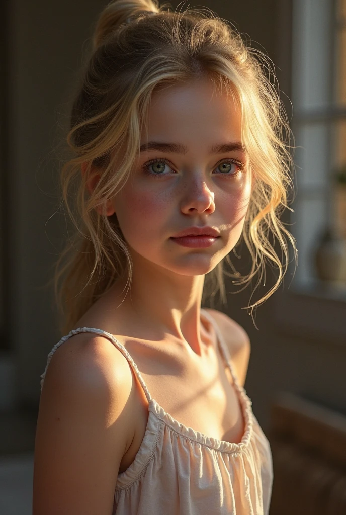 (photorealism:1.2), beautiful teen, small, blonde, transparent white shirt, smile,