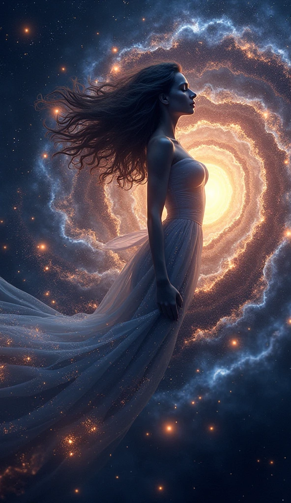 Spiral galaxy forming the subtle silhouette of a woman in space - SeaArt AI