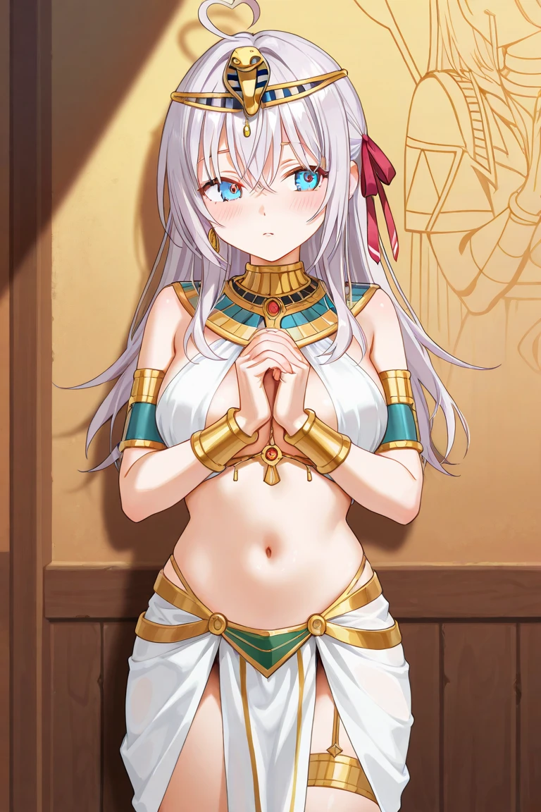(masterpiece, best quality), 1girl, Lilac Gray Dutch Fishtail Braid with Flower Accents, Size F breasts, <lora:EgyptianClothes:1> egyptian clothes