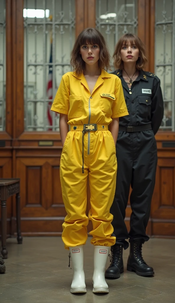  fille portant une combinaison jaune de prison sont détenues pieds nus en prison。