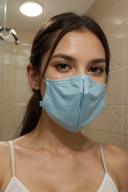 "anikaxxx (anikaxxx), a beautiful woman with long brown hair, has a facial mask applied to his face. She is wearing a white sleeveless shirt and is sitting in a relaxing and cozy environment.. Her expression is calm and content as she enjoys her skincare routine.. The environment is well lit with natural light, showing an elegantly decorated bathroom or powder room with shelves full of beauty products and a decorative plant. The atmosphere is serene and relaxing, emphasizing the moment of self-care and relaxation."