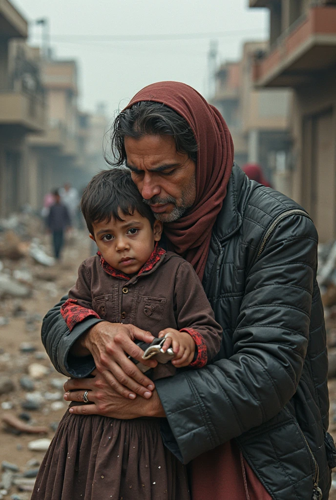 A high-resolution, 8K, photo-realistic masterpiece depicting a touching scene of a man and a child huddled together in a corner amidst the harsh environment of Gaza. The man, dressed in tattered clothes, is leading the child in a simple birthday celebration, evoking warmth and resilience despite their situation. The man and the child are embracing warmly, with joyful facial expressions that convey a strong emotional connection. The image captures detailed eyes, vivid facial expressions, and worn-out clothing in an environment with scattered birthday items and cracked walls. The scene exudes warmth, determination, and emotional depth, with vibrant colors, soft lighting, and an HDR effect highlighting the vivid details and the overall atmosphere.